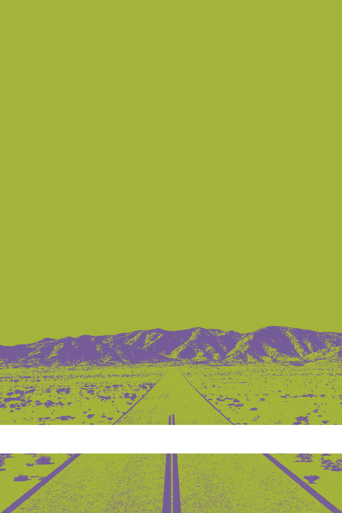 A view of Mercury Valley, Nevada, facing toward the northwest. The composition is rendered in dark yellow-green and light purple. A prominent white line stretches across the composition near the bottom of the view.