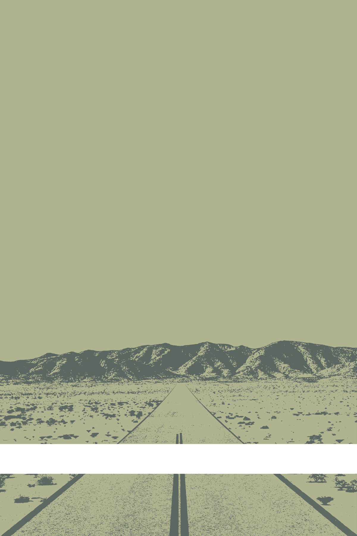 A view of Mercury Valley, Nevada, facing toward the northwest. The composition is rendered in light grayish green and gray. A prominent white line stretches across the composition near the bottom of the view.