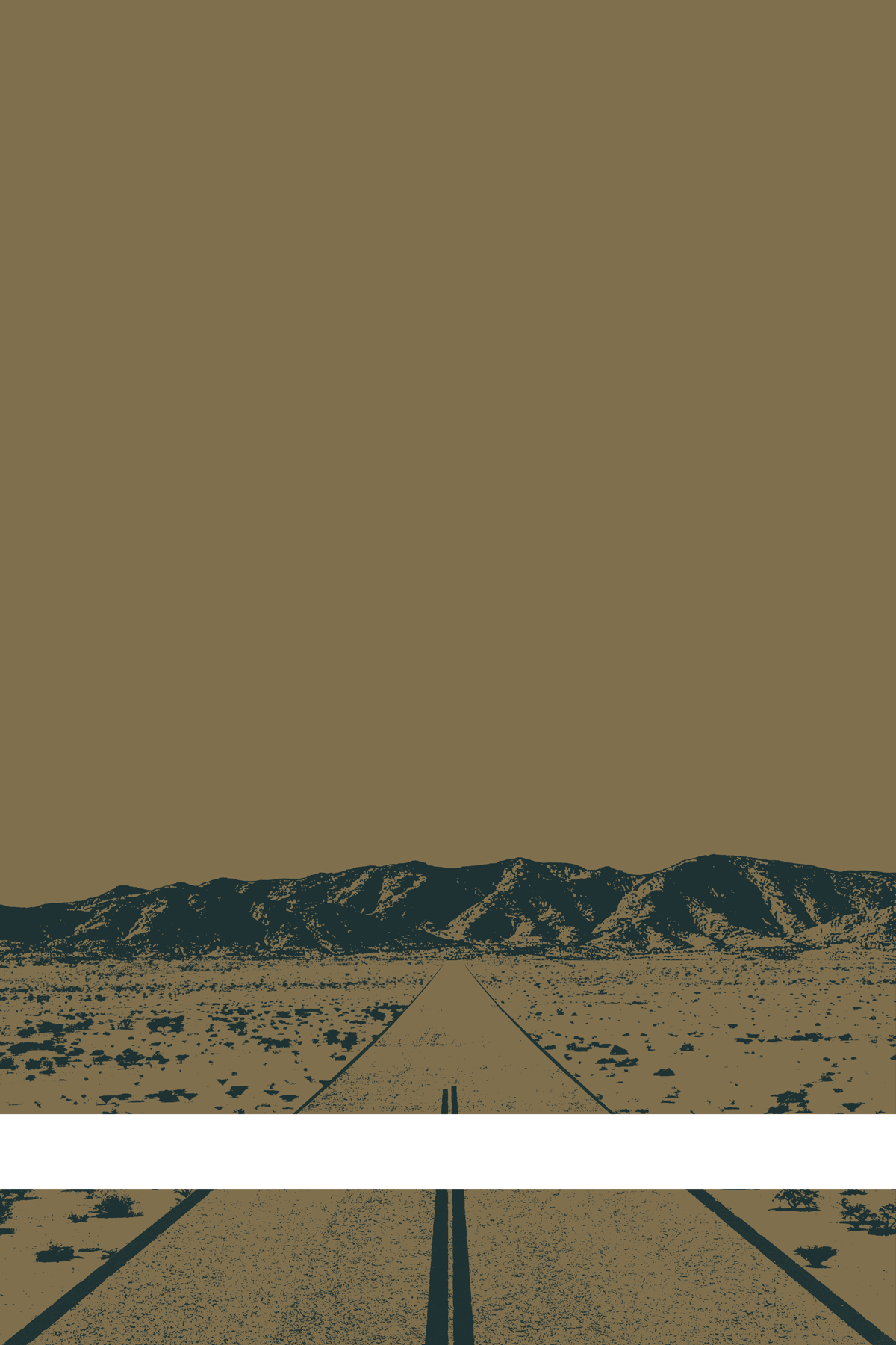 A view of Mercury Valley, Nevada, facing toward the northwest. The composition is rendered in brown and dark blue. A prominent white line stretches across the composition near the bottom of the view.