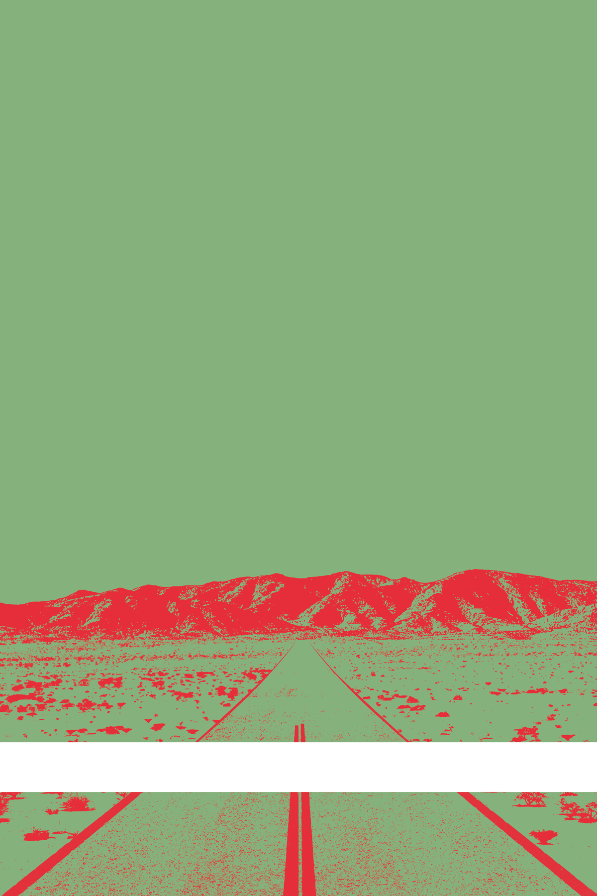 A view of Mercury Valley, Nevada, facing toward the northwest. The composition is rendered in light green and red. A prominent white line stretches across the composition near the bottom of the view.