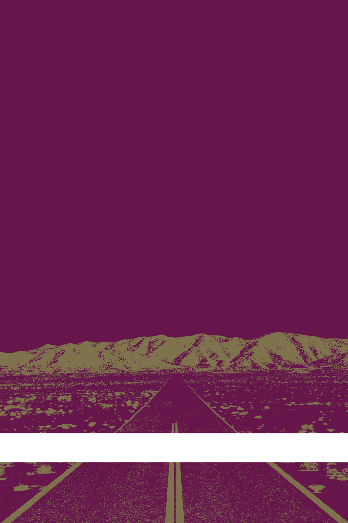 A view of Mercury Valley, Nevada, facing toward the northwest. The composition is rendered in dark purple and light brown. A prominent white line stretches across the composition near the bottom of the view.