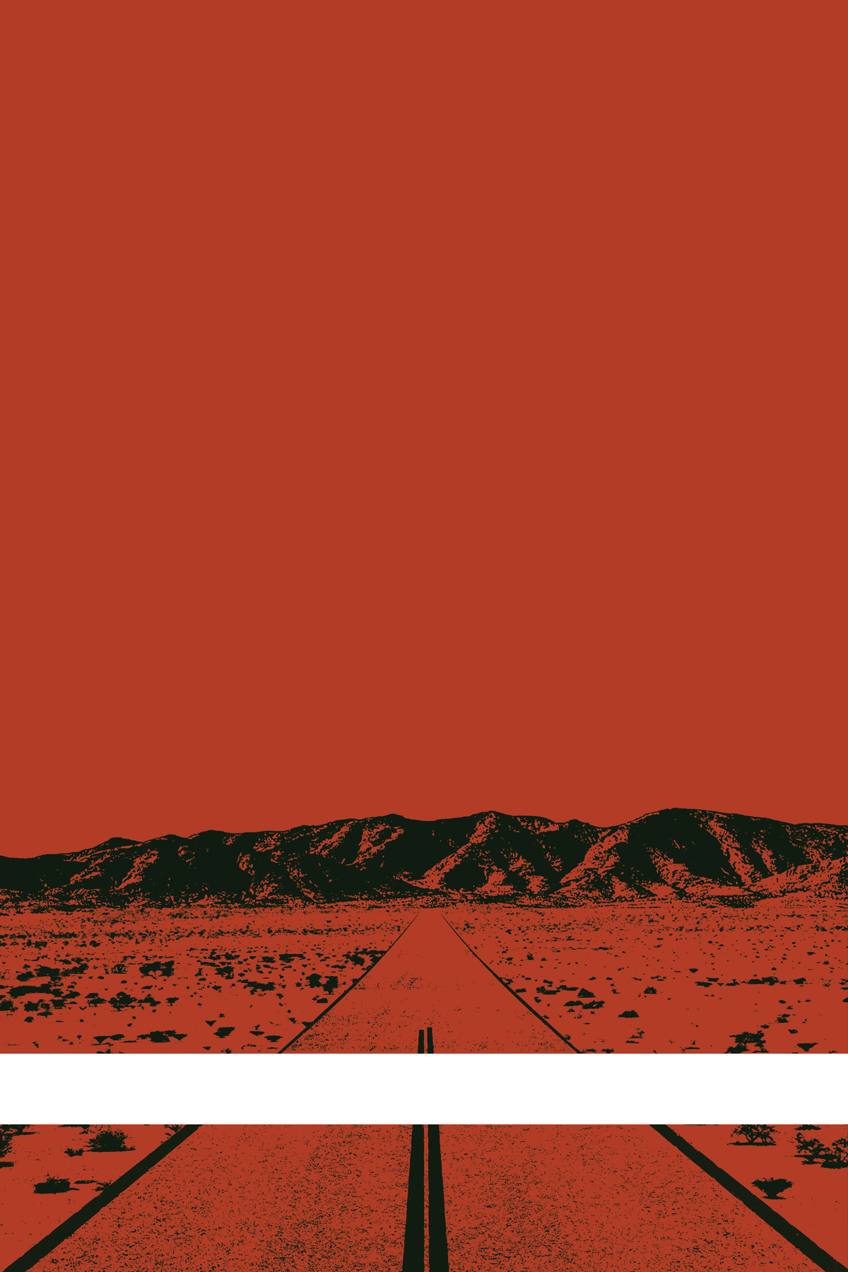 A view of Mercury Valley, Nevada, facing toward the northwest. The composition is rendered in red-orange and black. A prominent white line stretches across the composition near the bottom of the view.