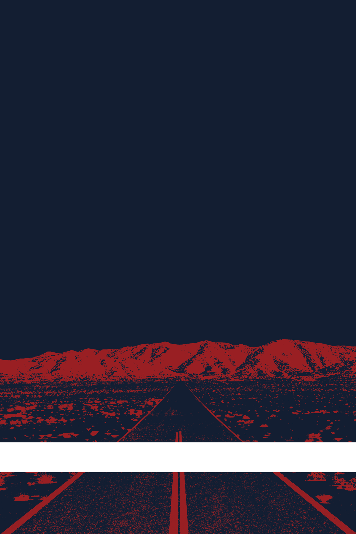 A view of Mercury Valley, Nevada, facing toward the northwest. The composition is rendered in dark blue and red. A prominent white line stretches across the composition near the bottom of the view.