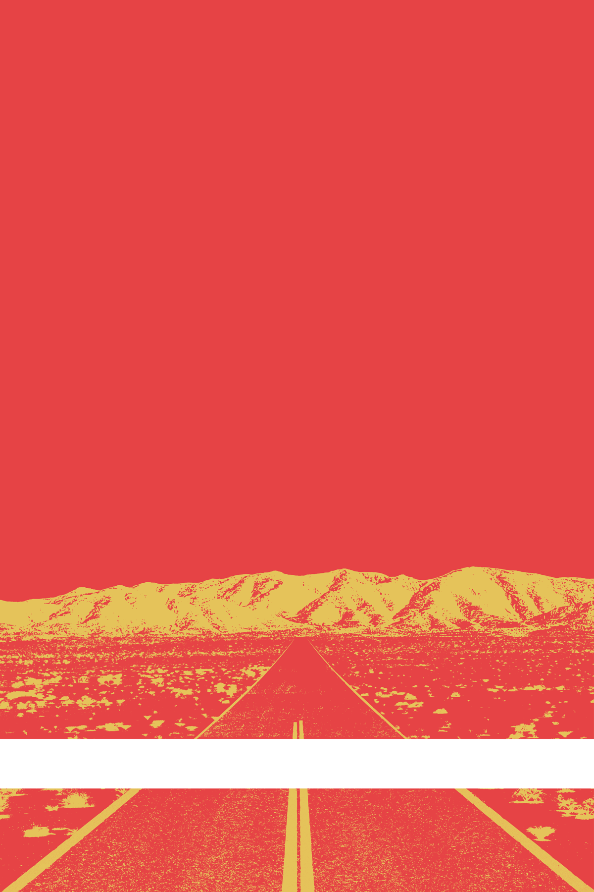 A view of Mercury Valley, Nevada, facing toward the northwest. The composition is rendered in red and yellow-orange. A prominent white line stretches across the composition near the bottom of the view.