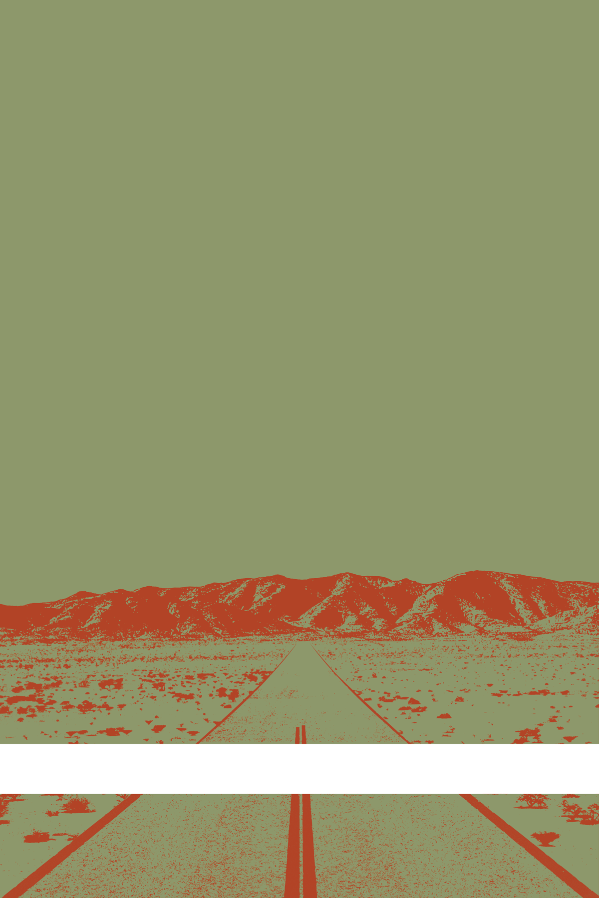 A view of Mercury Valley, Nevada, facing toward the northwest. The composition is rendered in dark grayish green and dark orange. A prominent white line stretches across the composition near the bottom of the view.