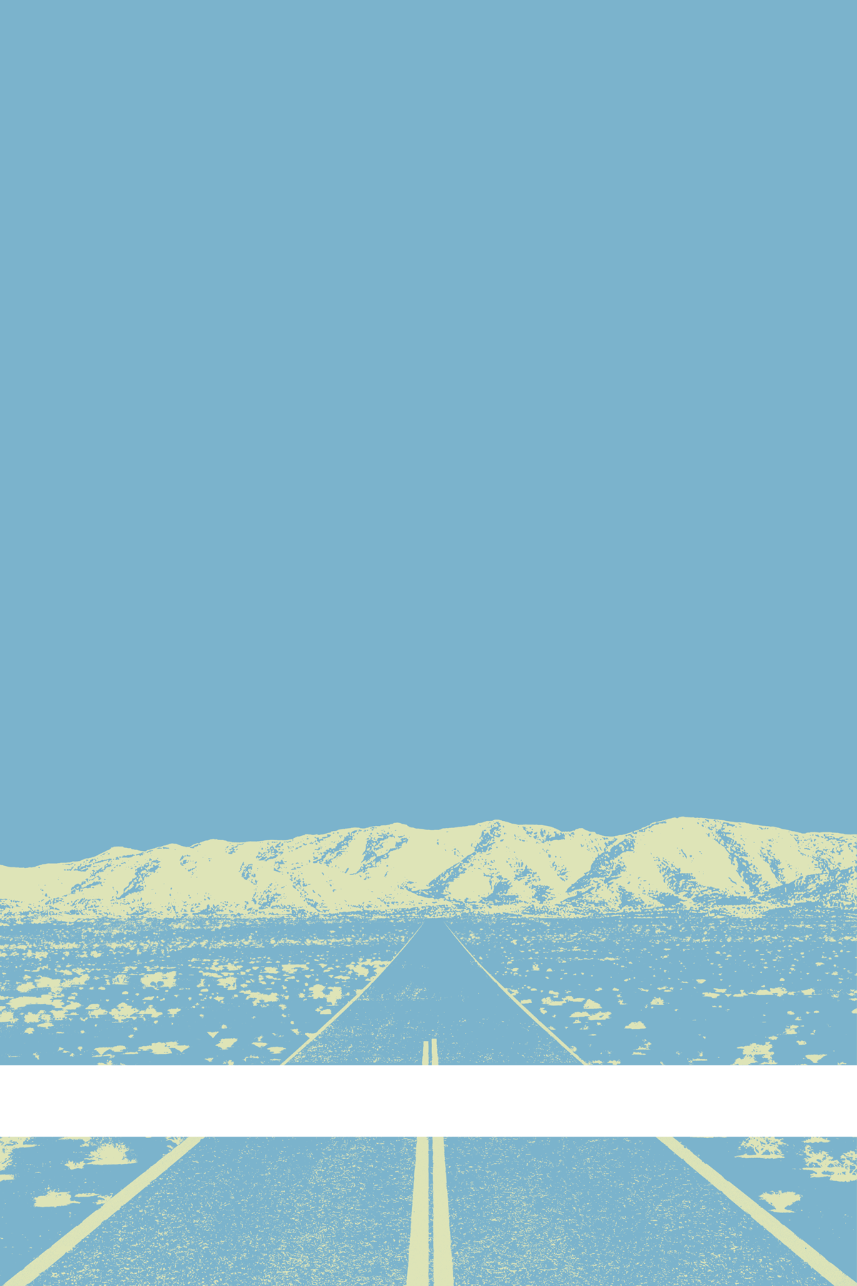 A view of Mercury Valley, Nevada, facing toward the northwest. The composition is rendered in light blue and light yellow. A prominent white line stretches across the composition near the bottom of the view.