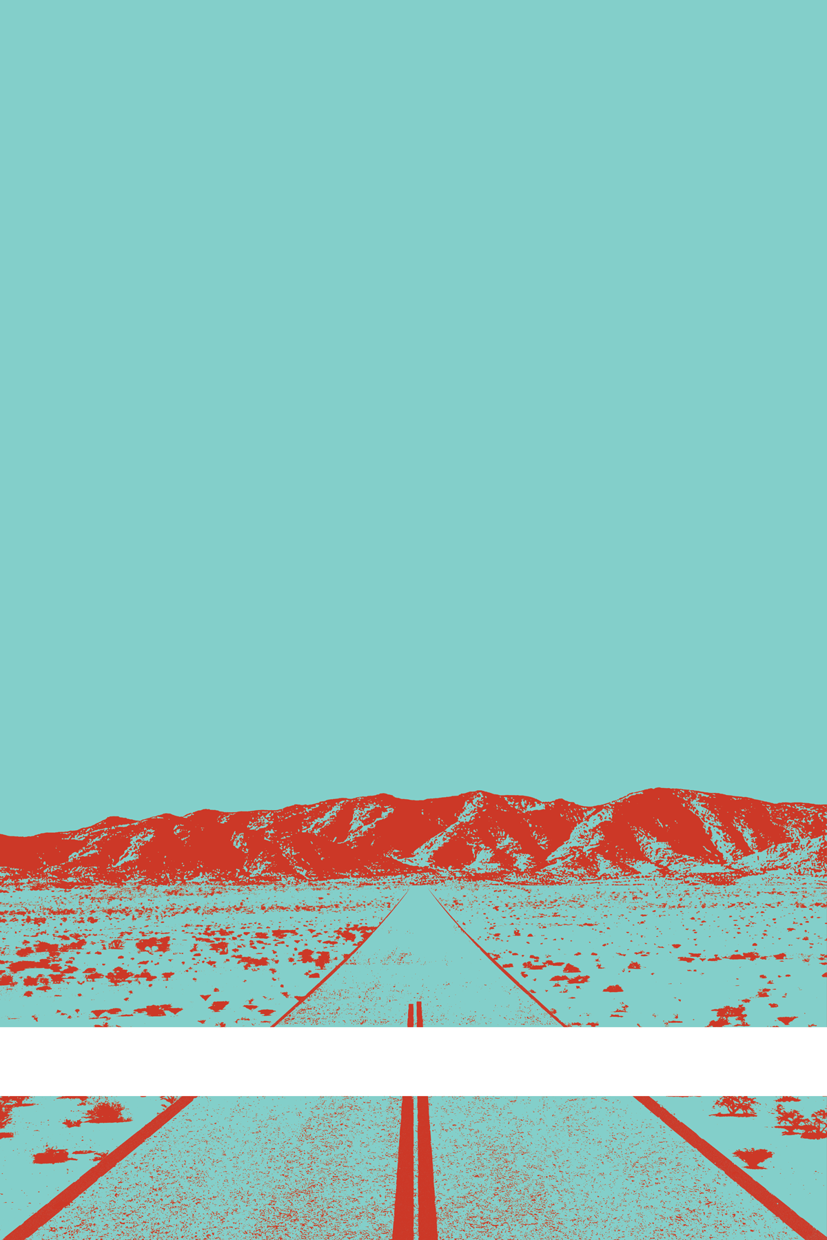 A view of Mercury Valley, Nevada, facing toward the northwest. The composition is rendered in light blue and red. A prominent white line stretches across the composition near the bottom of the view.