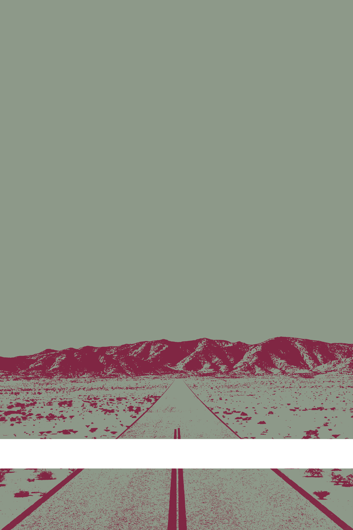 A view of Mercury Valley, Nevada, facing toward the northwest. The composition is rendered in gray and dark red. A prominent white line stretches across the composition near the bottom of the view.