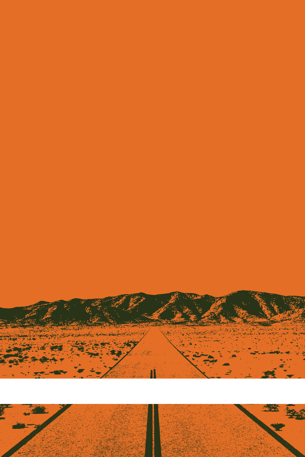 A view of Mercury Valley, Nevada, facing toward the northwest. The composition is rendered in orange and dark brownish green. A prominent white line stretches across the composition near the bottom of the view.