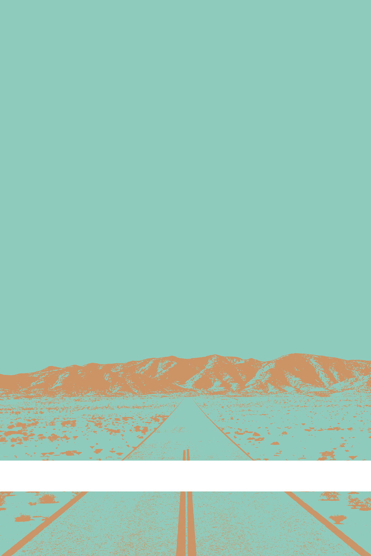 A view of Mercury Valley, Nevada, facing toward the northwest. The composition is rendered in light blue and pale orange. A prominent white line stretches across the composition near the bottom of the view.