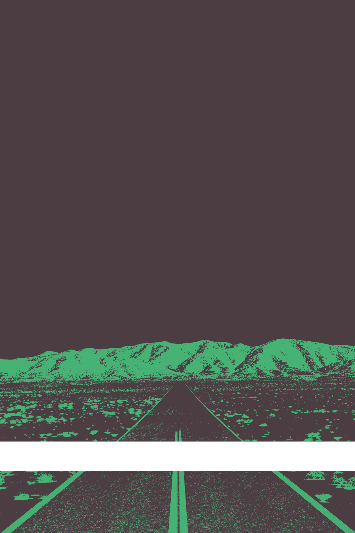 A view of Mercury Valley, Nevada, facing toward the northwest. The composition is rendered in dark grayish purple and light green. A prominent white line stretches across the composition near the bottom of the view.