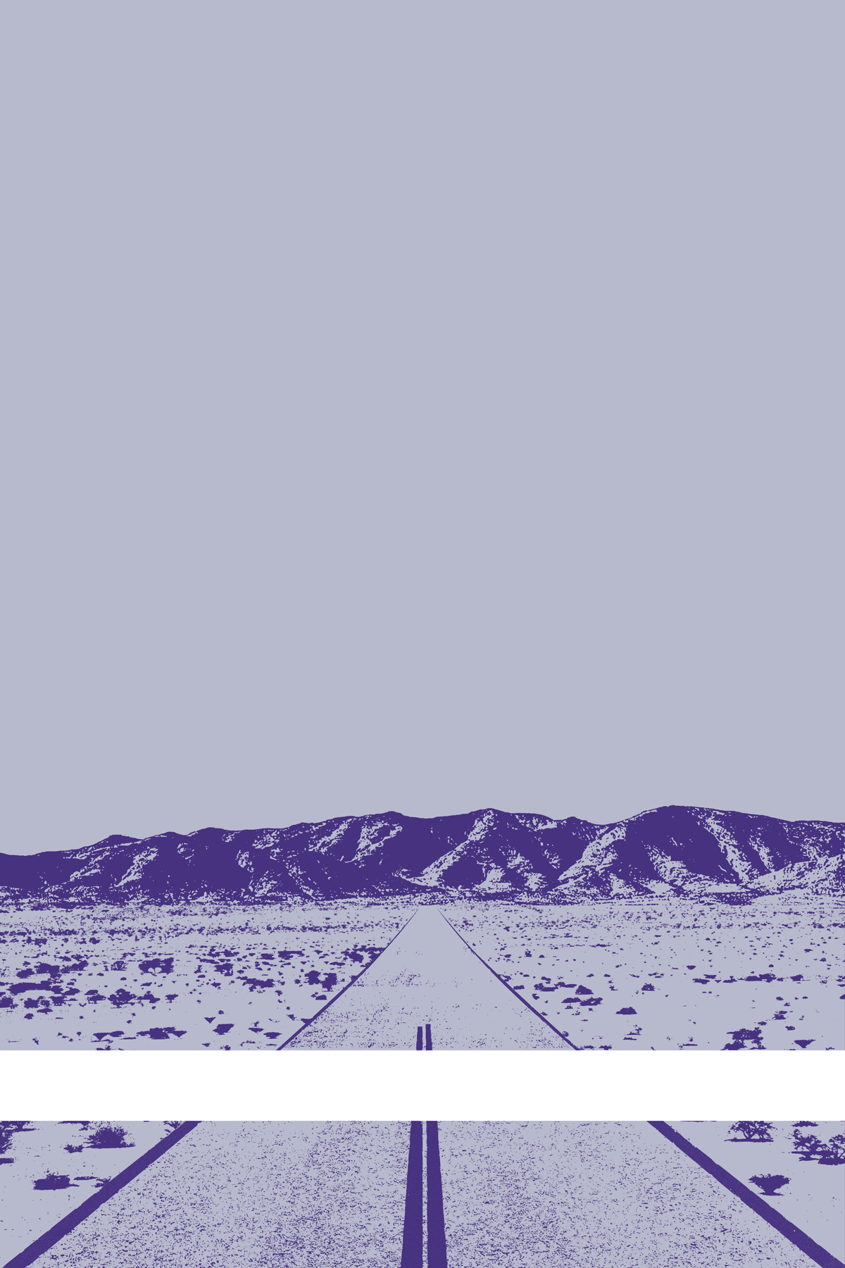 A view of Mercury Valley, Nevada, facing toward the northwest. The composition is rendered in light grayish purple and dark purple. A prominent white line stretches across the composition near the bottom of the view.