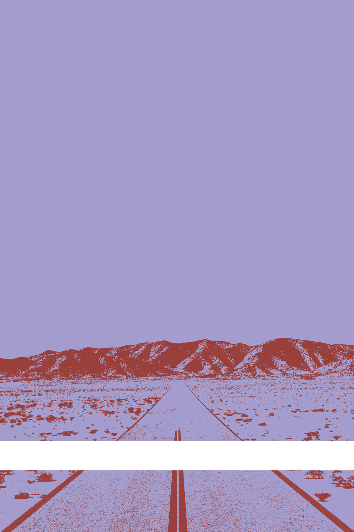 A view of Mercury Valley, Nevada, facing toward the northwest. The composition is rendered in light purple and reddish orange. A prominent white line stretches across the composition near the bottom of the view.