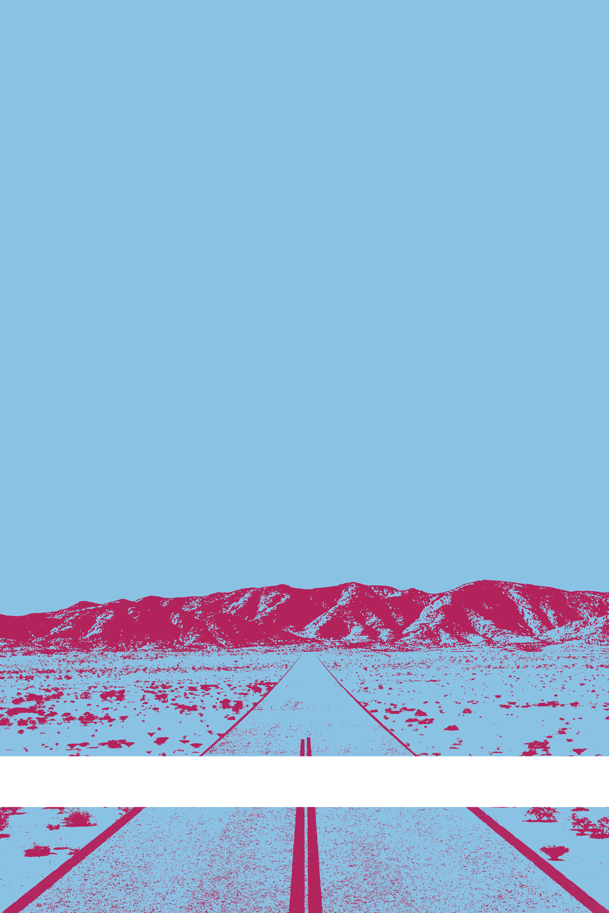 A view of Mercury Valley, Nevada, facing toward the northwest. The composition is rendered in light blue and dark red. A prominent white line stretches across the composition near the bottom of the view.