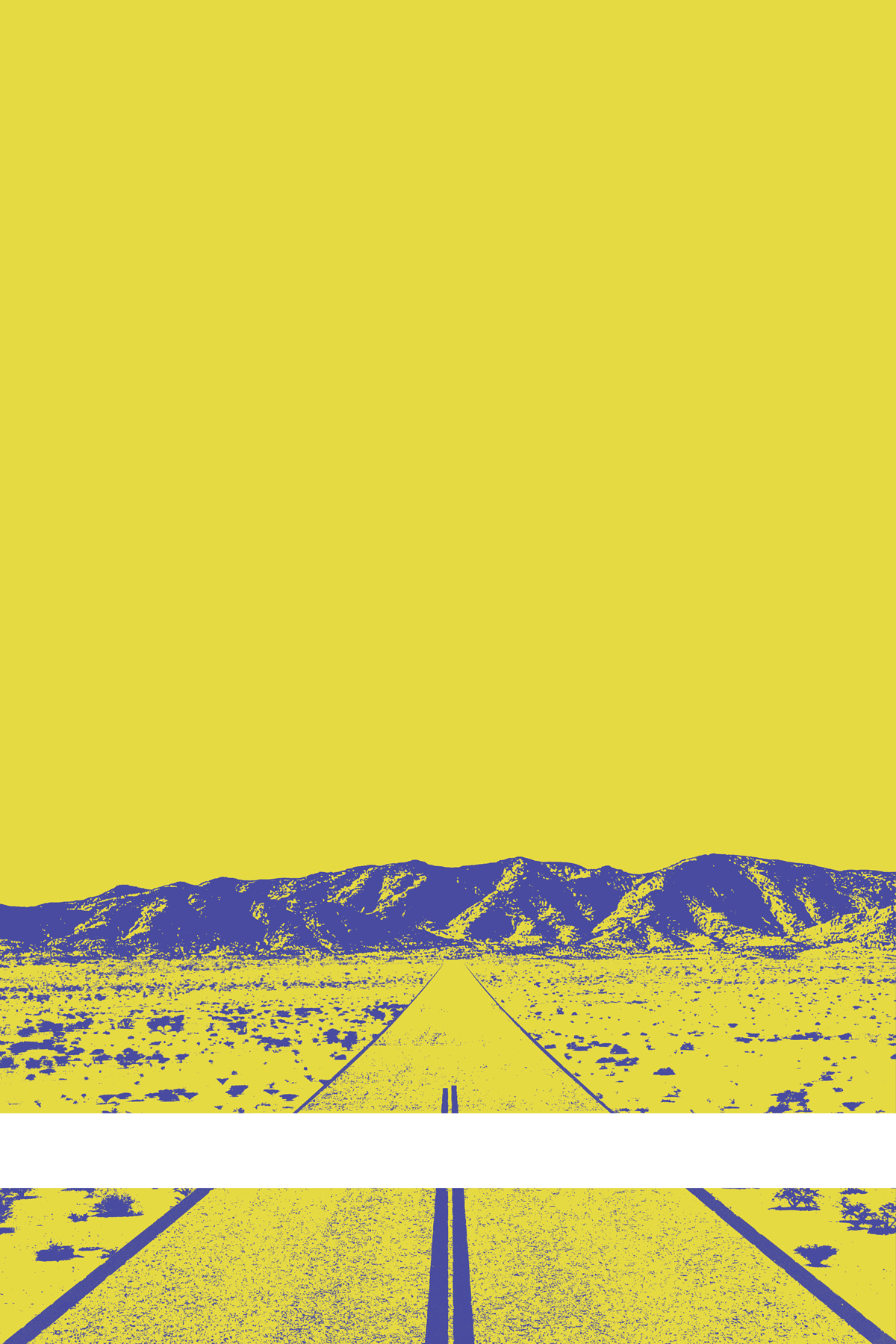 A view of Mercury Valley, Nevada, facing toward the northwest. The composition is rendered in yellow and blue. A prominent white line stretches across the composition near the bottom of the view.