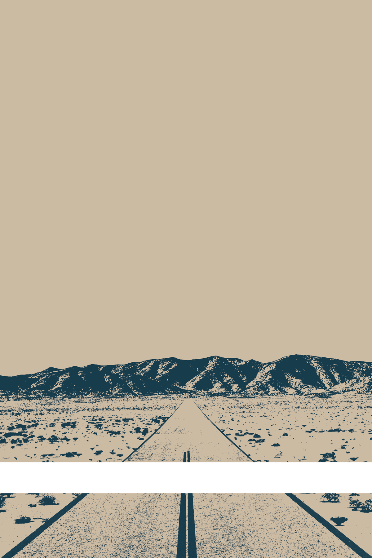 A view of Mercury Valley, Nevada, facing toward the northwest. The composition is rendered in light grayish brown and dark blue. A prominent white line stretches across the composition near the bottom of the view.