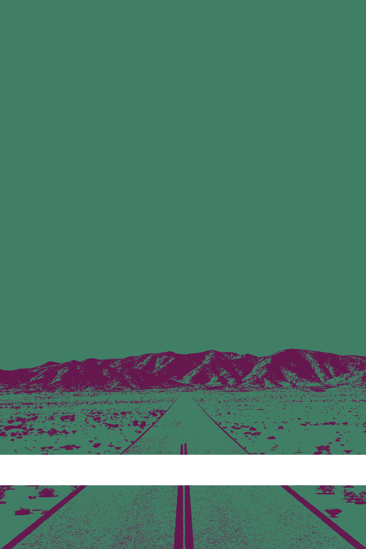 A view of Mercury Valley, Nevada, facing toward the northwest. The composition is rendered in green and dark purple. A prominent white line stretches across the composition near the bottom of the view.