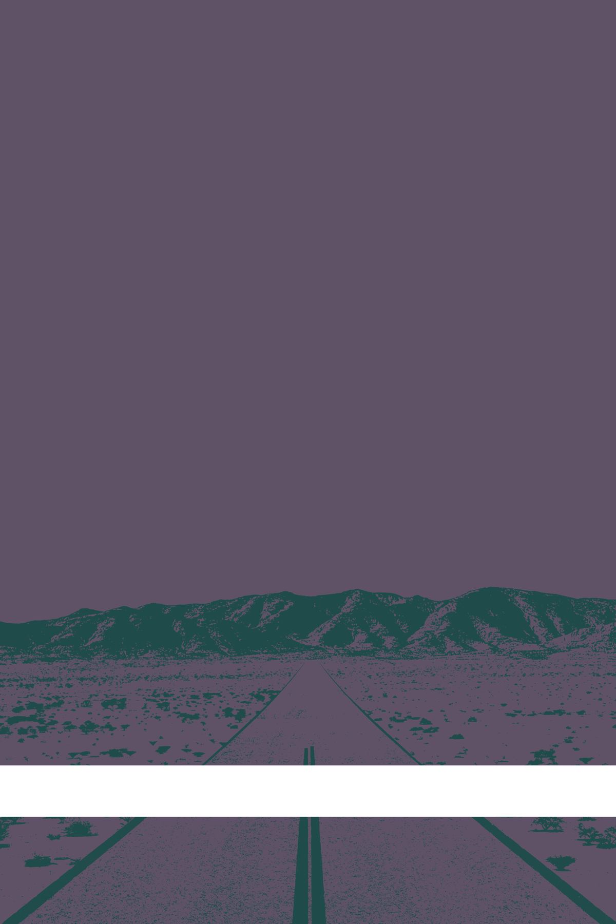 A view of Mercury Valley, Nevada, facing toward the northwest. The composition is rendered in dark grayish purple and dark blue-green. A prominent white line stretches across the composition near the bottom of the view.