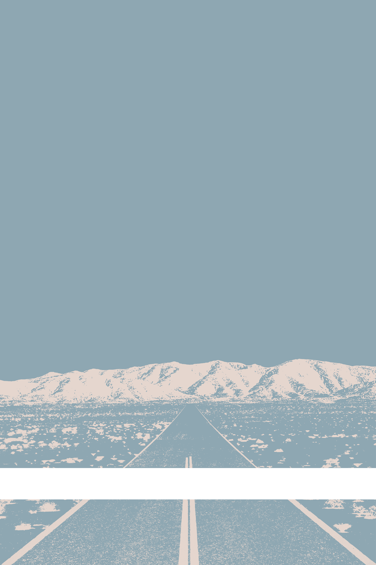 A view of Mercury Valley, Nevada, facing toward the northwest. The composition is rendered in light grayish blue and pale orange. A prominent white line stretches across the composition near the bottom of the view.