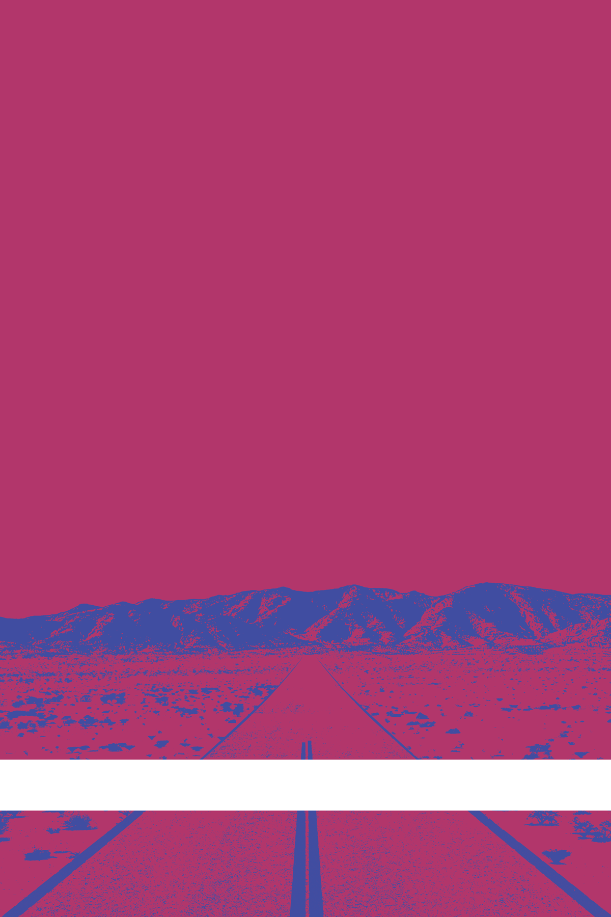 A view of Mercury Valley, Nevada, facing toward the northwest. The composition is rendered in pink and blue. A prominent white line stretches across the composition near the bottom of the view.