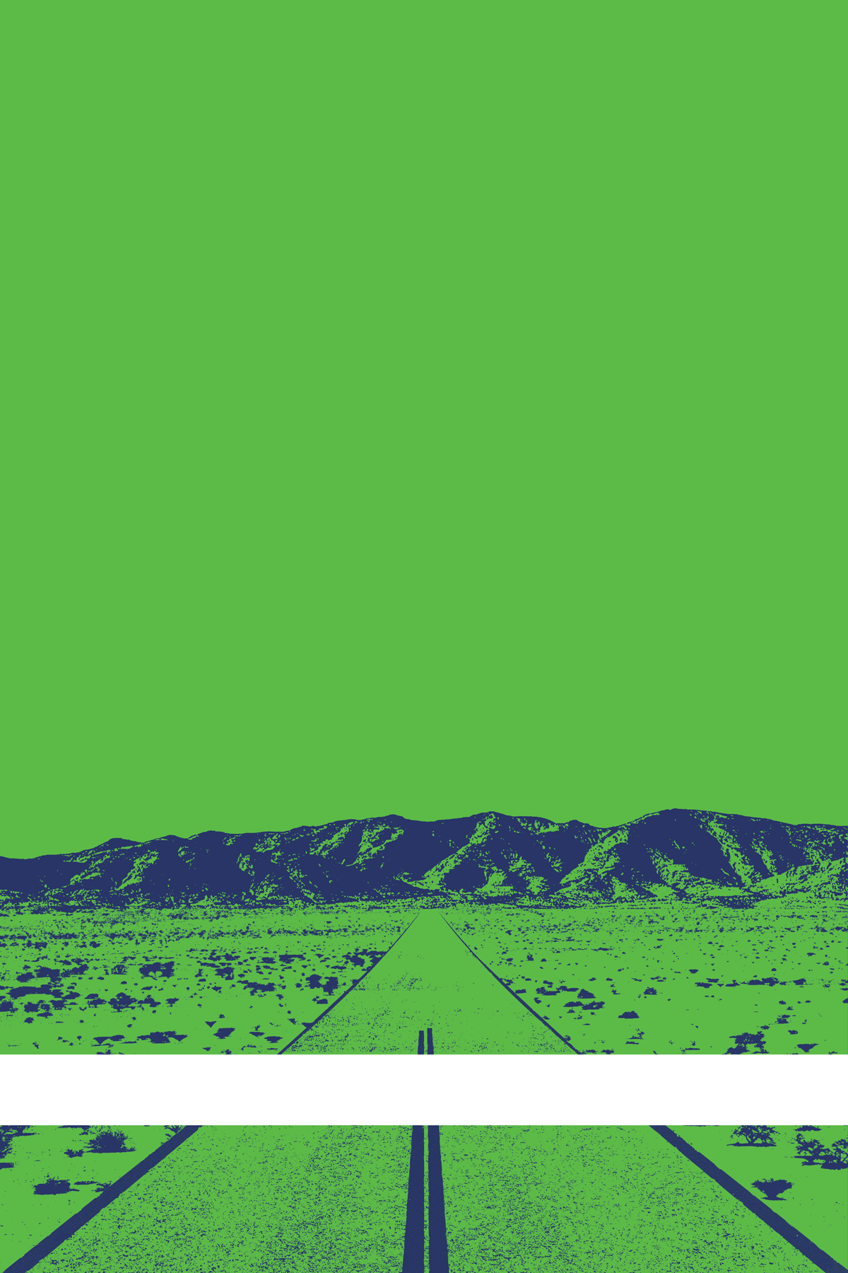 A view of Mercury Valley, Nevada, facing toward the northwest. The composition is rendered in light green and dark blue. A prominent white line stretches across the composition near the bottom of the view.