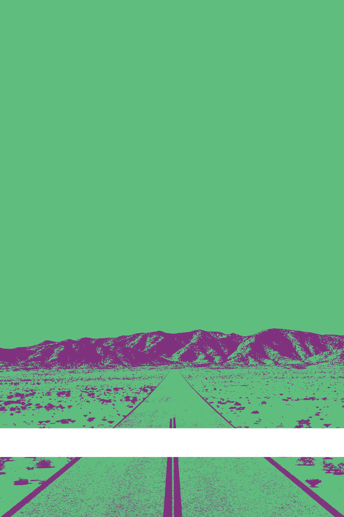 A view of Mercury Valley, Nevada, facing toward the northwest. The composition is rendered in light green and dark purple. A prominent white line stretches across the composition near the bottom of the view.