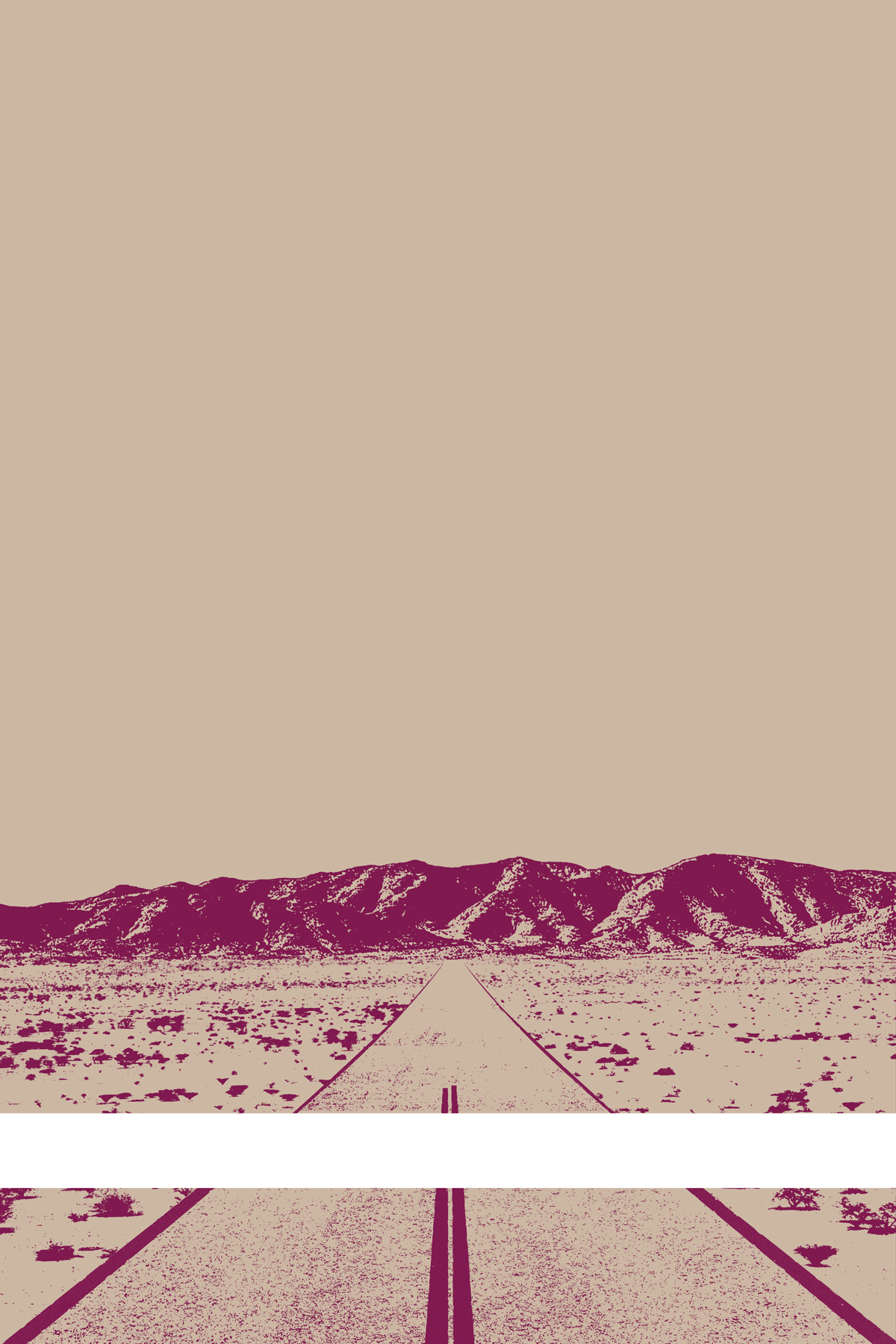 A view of Mercury Valley, Nevada, facing toward the northwest. The composition is rendered in light brown and purple. A prominent white line stretches across the composition near the bottom of the view.