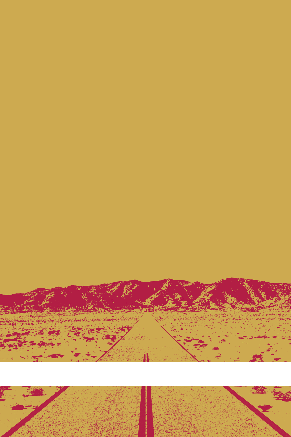 A view of Mercury Valley, Nevada, facing toward the northwest. The composition is rendered in yellow and red. A prominent white line stretches across the composition near the bottom of the view.