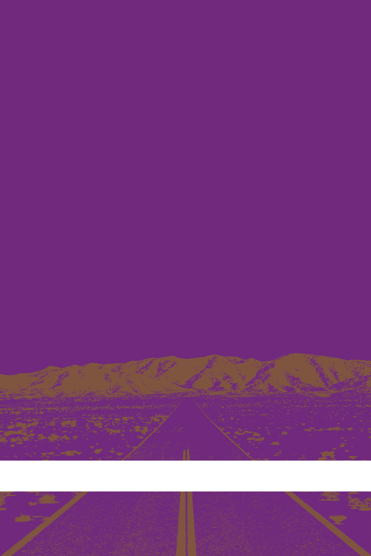 A view of Mercury Valley, Nevada, facing toward the northwest. The composition is rendered in purple and brown. A prominent white line stretches across the composition near the bottom of the view.