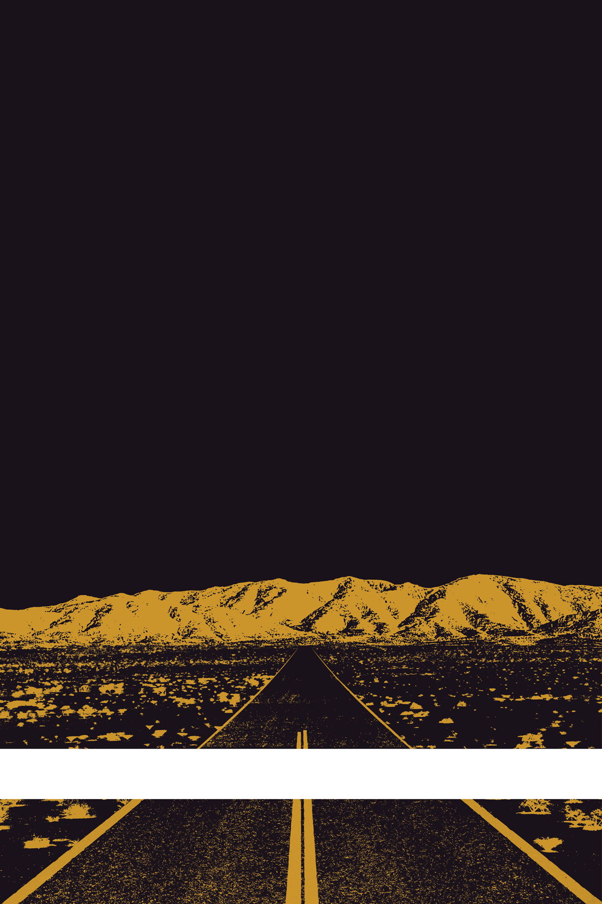 A view of Mercury Valley, Nevada, facing toward the northwest. The composition is rendered in dark brown and yellow. A prominent white line stretches across the composition near the bottom of the view.