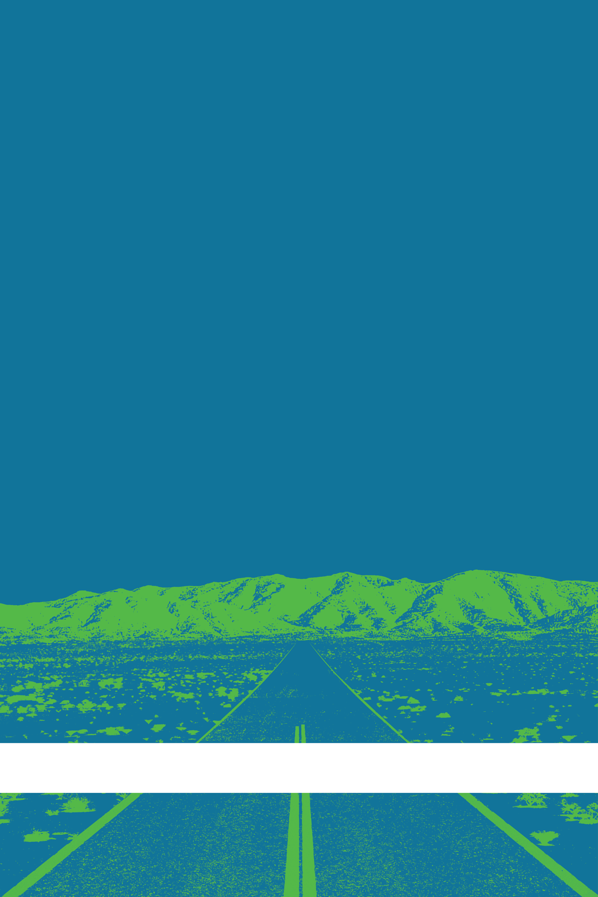 A view of Mercury Valley, Nevada, facing toward the northwest. The composition is rendered in light blue and light green. A prominent white line stretches across the composition near the bottom of the view.