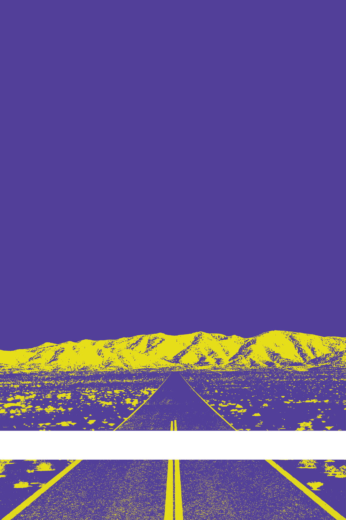 A view of Mercury Valley, Nevada, facing toward the northwest. The composition is rendered in purple and yellow. A prominent white line stretches across the composition near the bottom of the view.