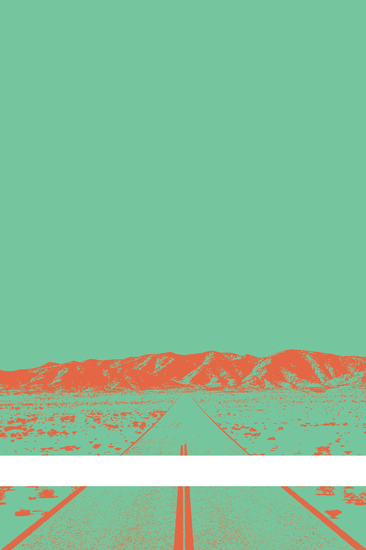 A view of Mercury Valley, Nevada, facing toward the northwest. The composition is rendered in light green and orange. A prominent white line stretches across the composition near the bottom of the view.