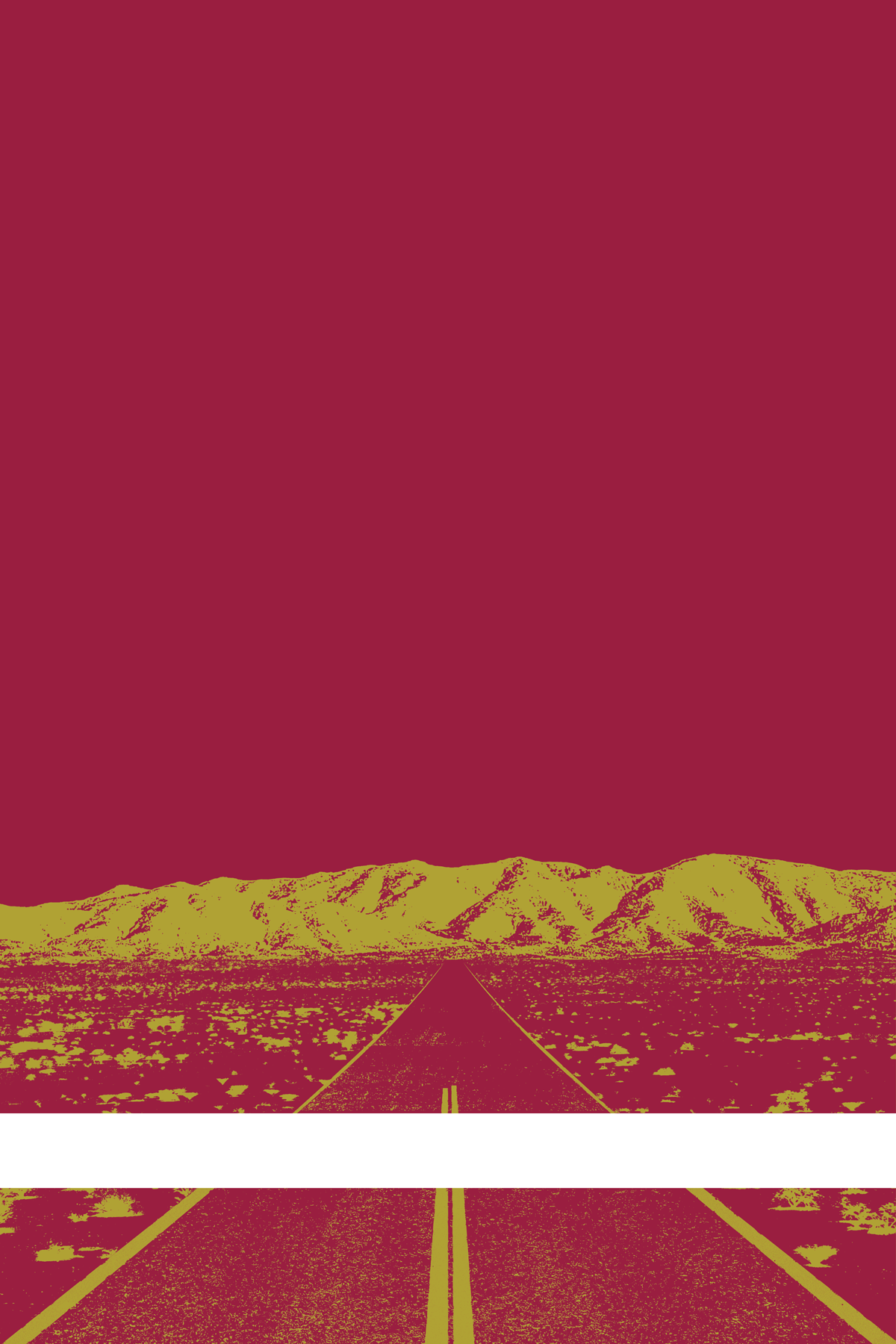 A view of Mercury Valley, Nevada, facing toward the northwest. The composition is rendered in dark red and dark yellow. A prominent white line stretches across the composition near the bottom of the view.