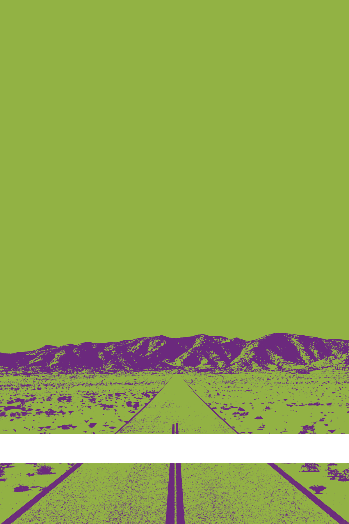 A view of Mercury Valley, Nevada, facing toward the northwest. The composition is rendered in green and purple. A prominent white line stretches across the composition near the bottom of the view.