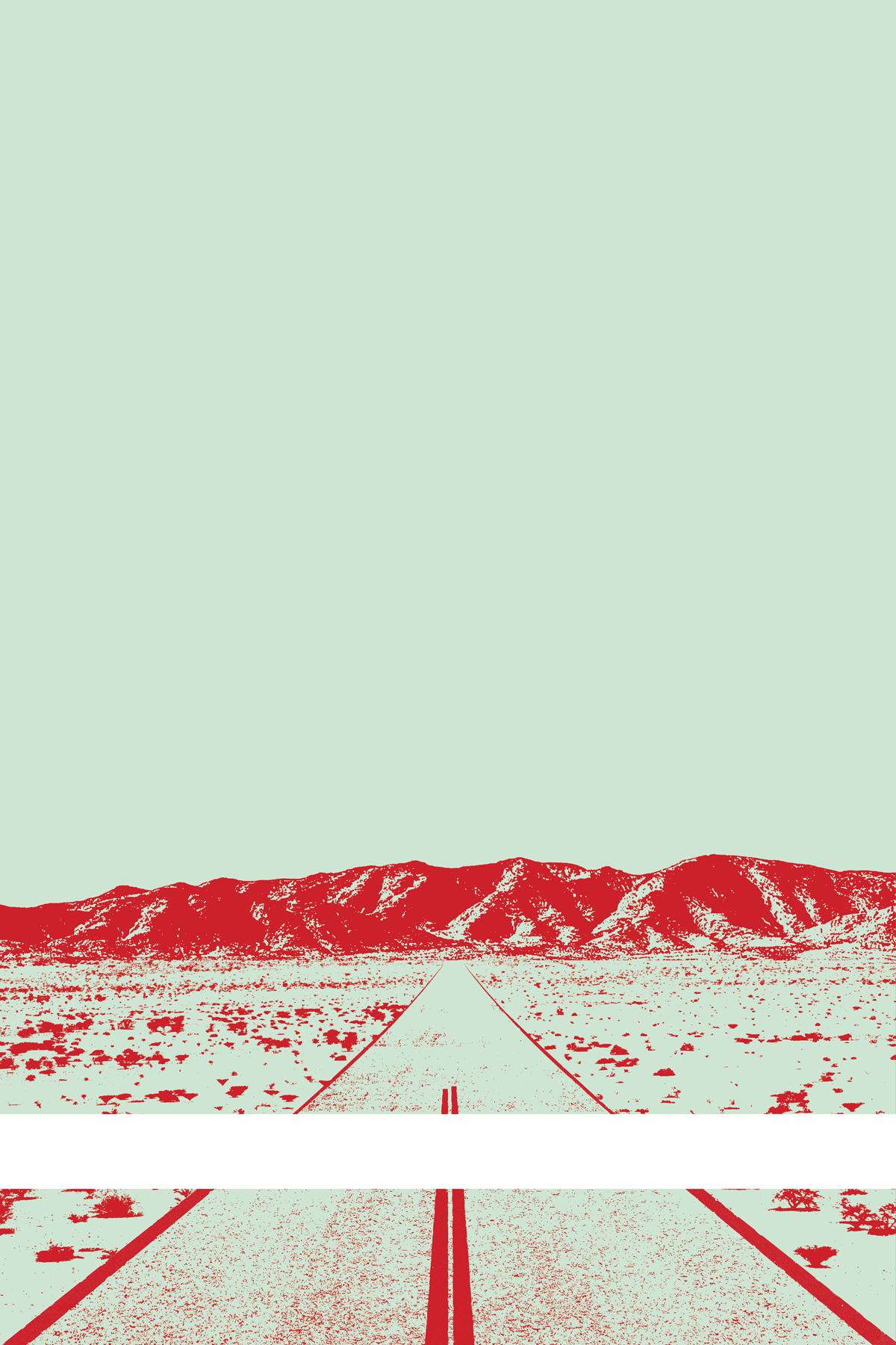 A view of Mercury Valley, Nevada, facing toward the northwest. The composition is rendered in pale grayish green and red. A prominent white line stretches across the composition near the bottom of the view.