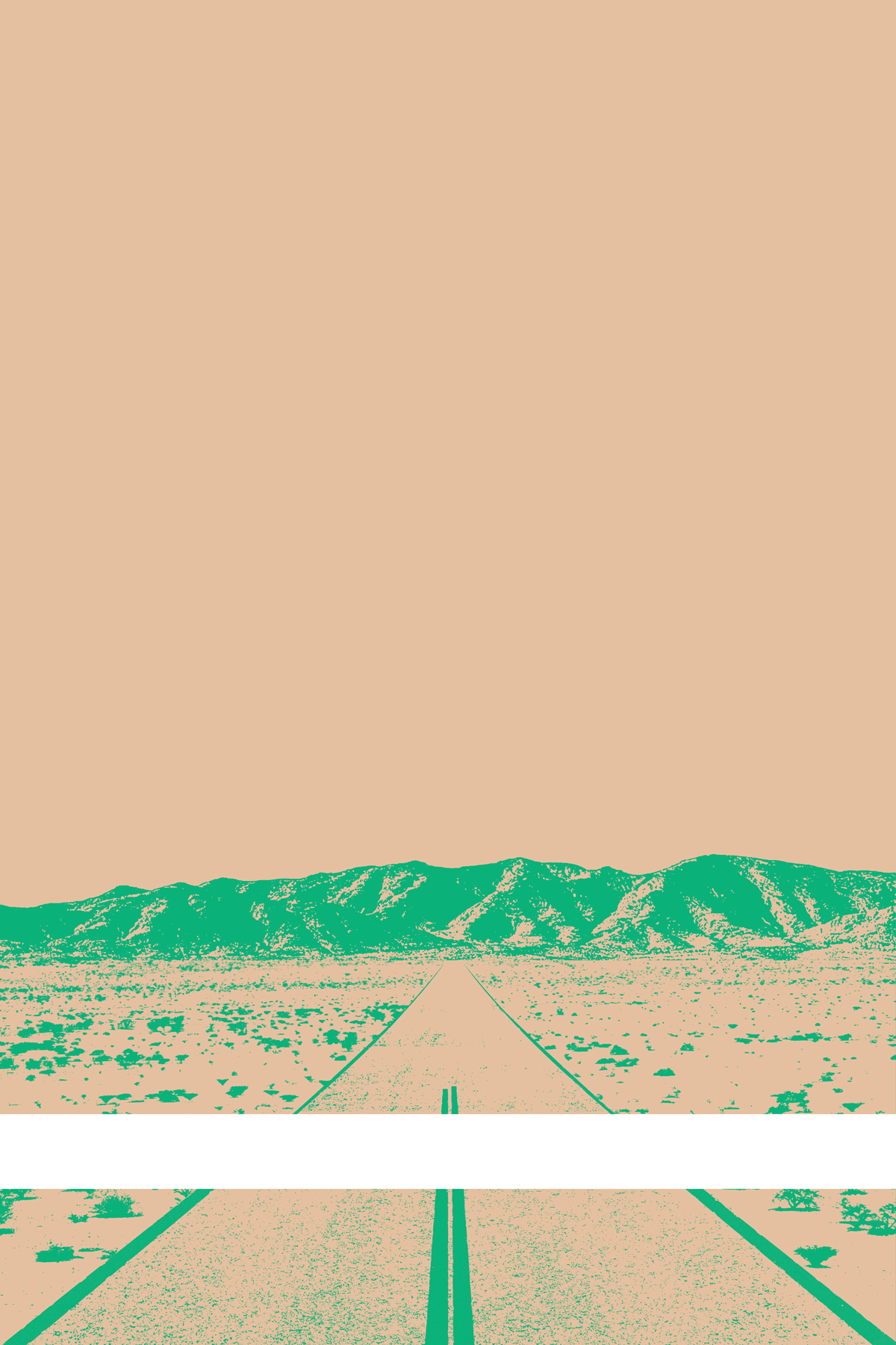 A view of Mercury Valley, Nevada, facing toward the northwest. The composition is rendered in light orange and light green. A prominent white line stretches across the composition near the bottom of the view.