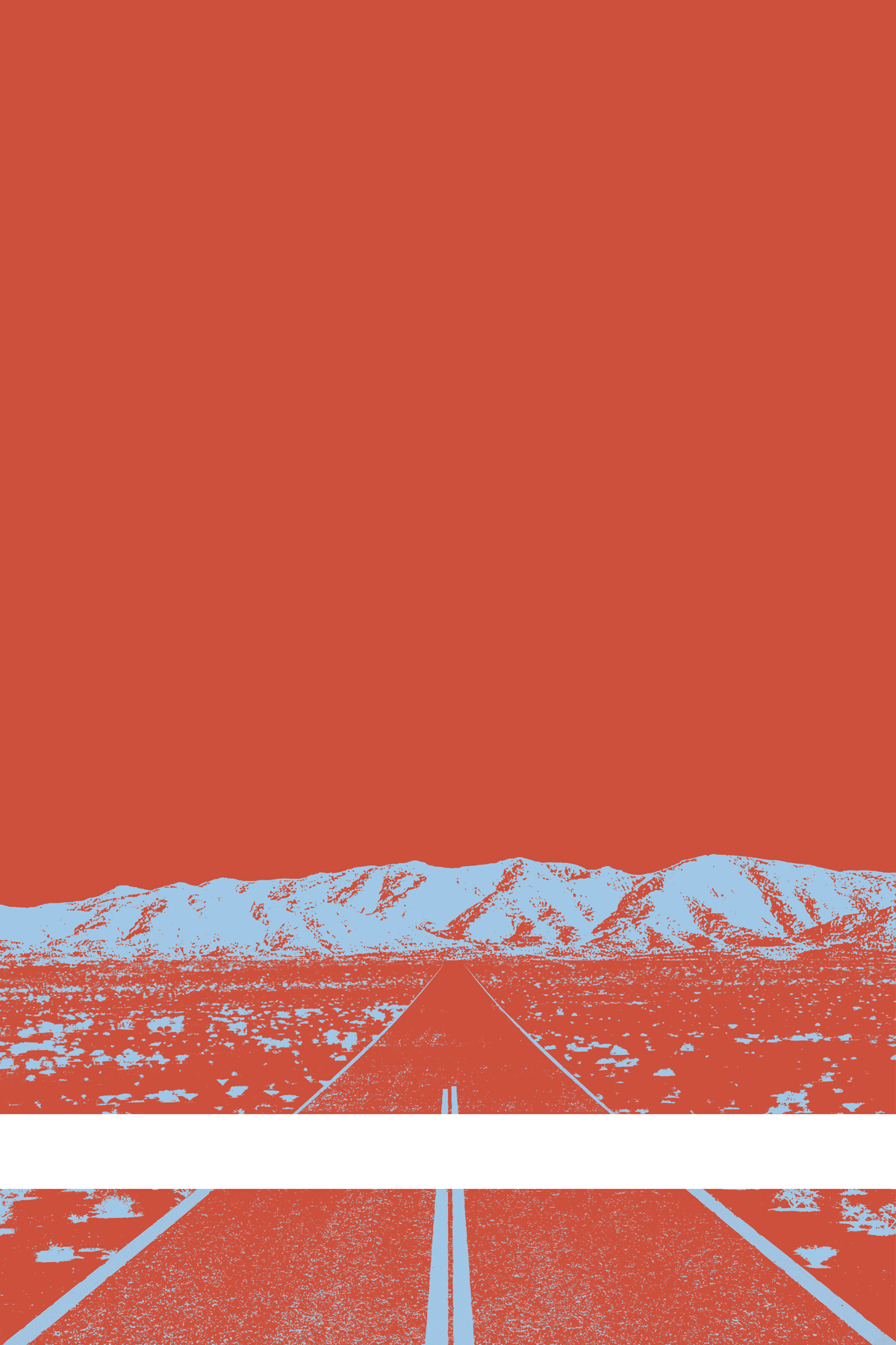 A view of Mercury Valley, Nevada, facing toward the northwest. The composition is rendered in light red and light blue. A prominent white line stretches across the composition near the bottom of the view.