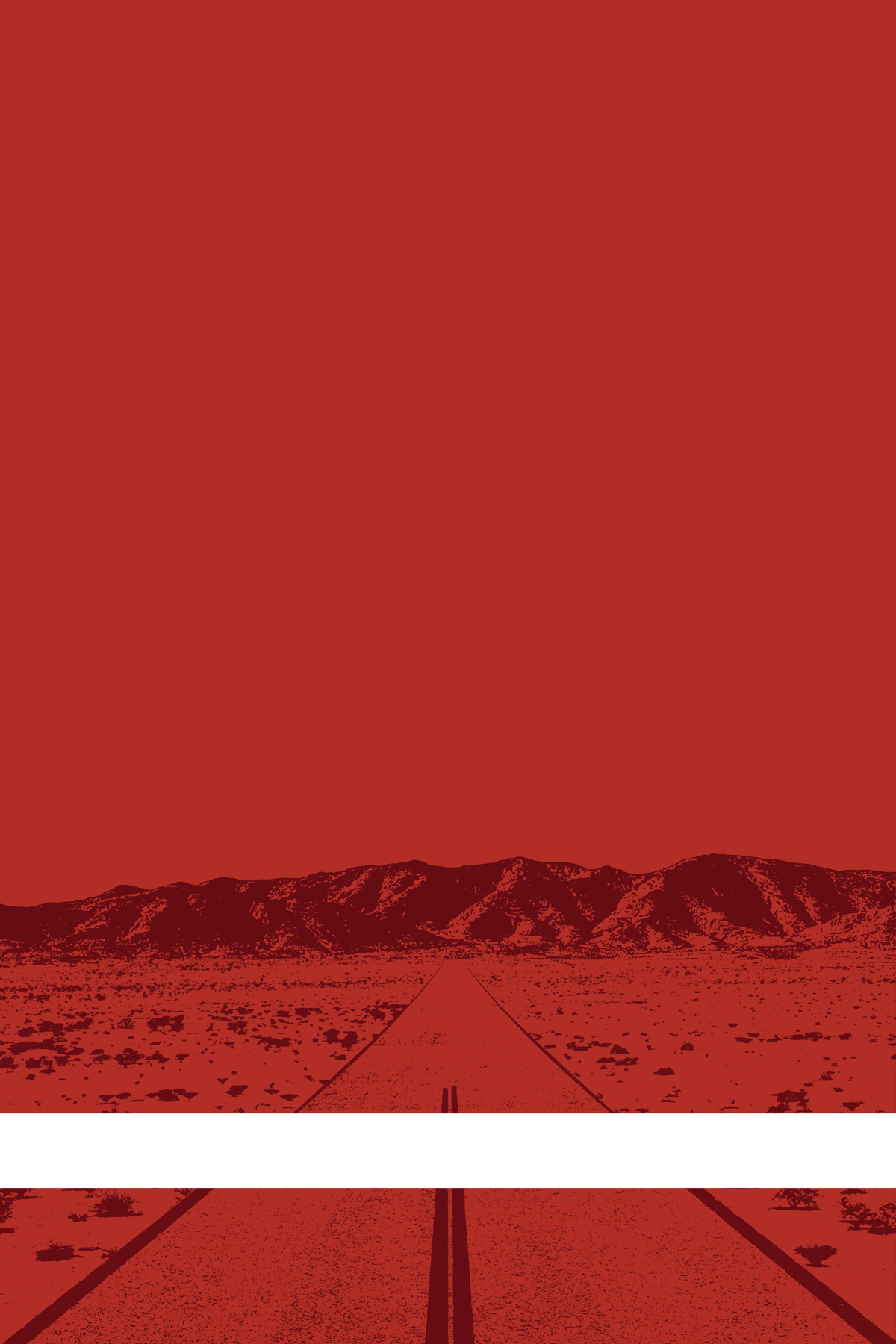 A view of Mercury Valley, Nevada, facing toward the northwest. The composition is rendered in red and dark red. A prominent white line stretches across the composition near the bottom of the view.