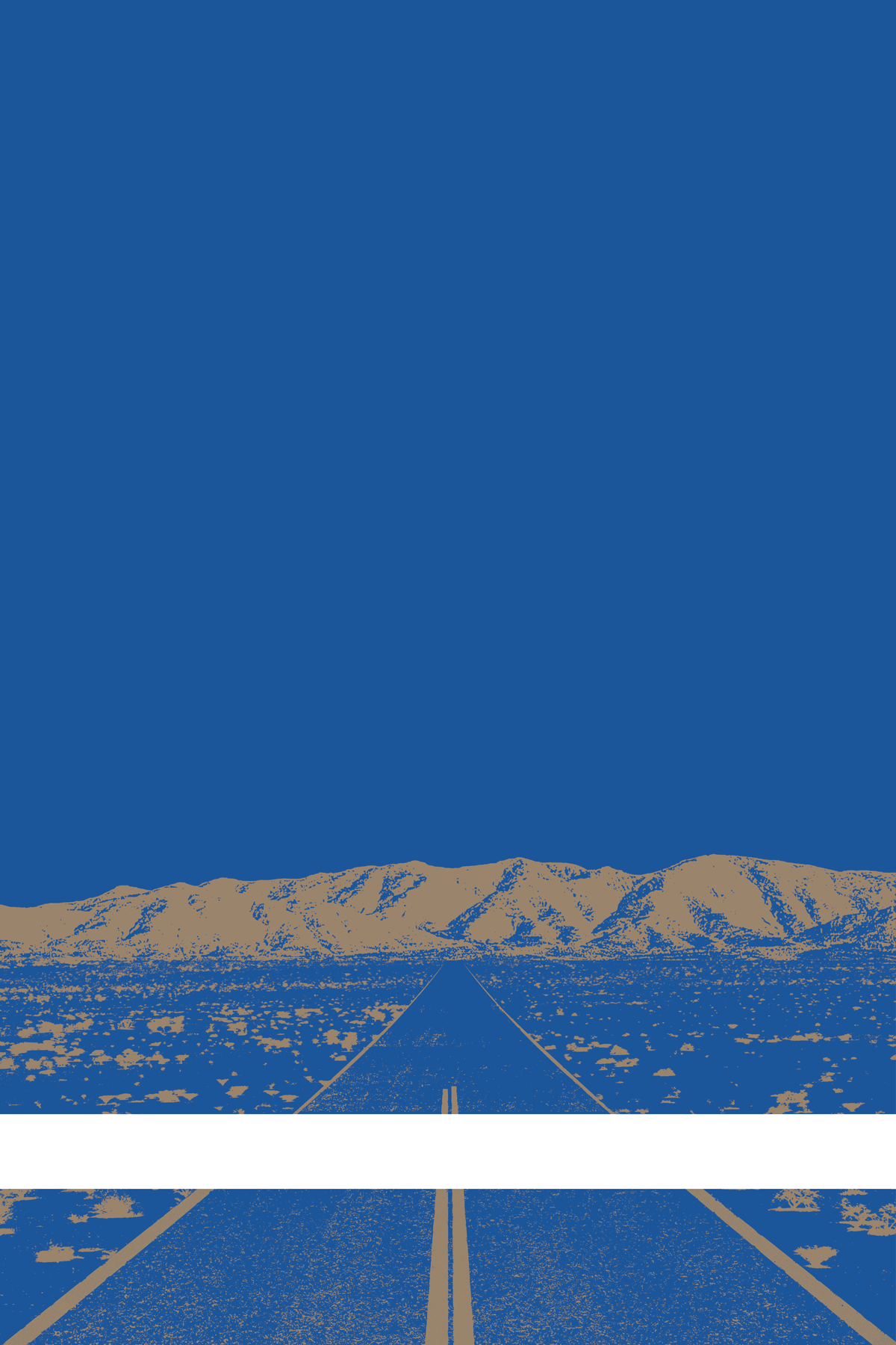 A view of Mercury Valley, Nevada, facing toward the northwest. The composition is rendered in blue and light orange. A prominent white line stretches across the composition near the bottom of the view.