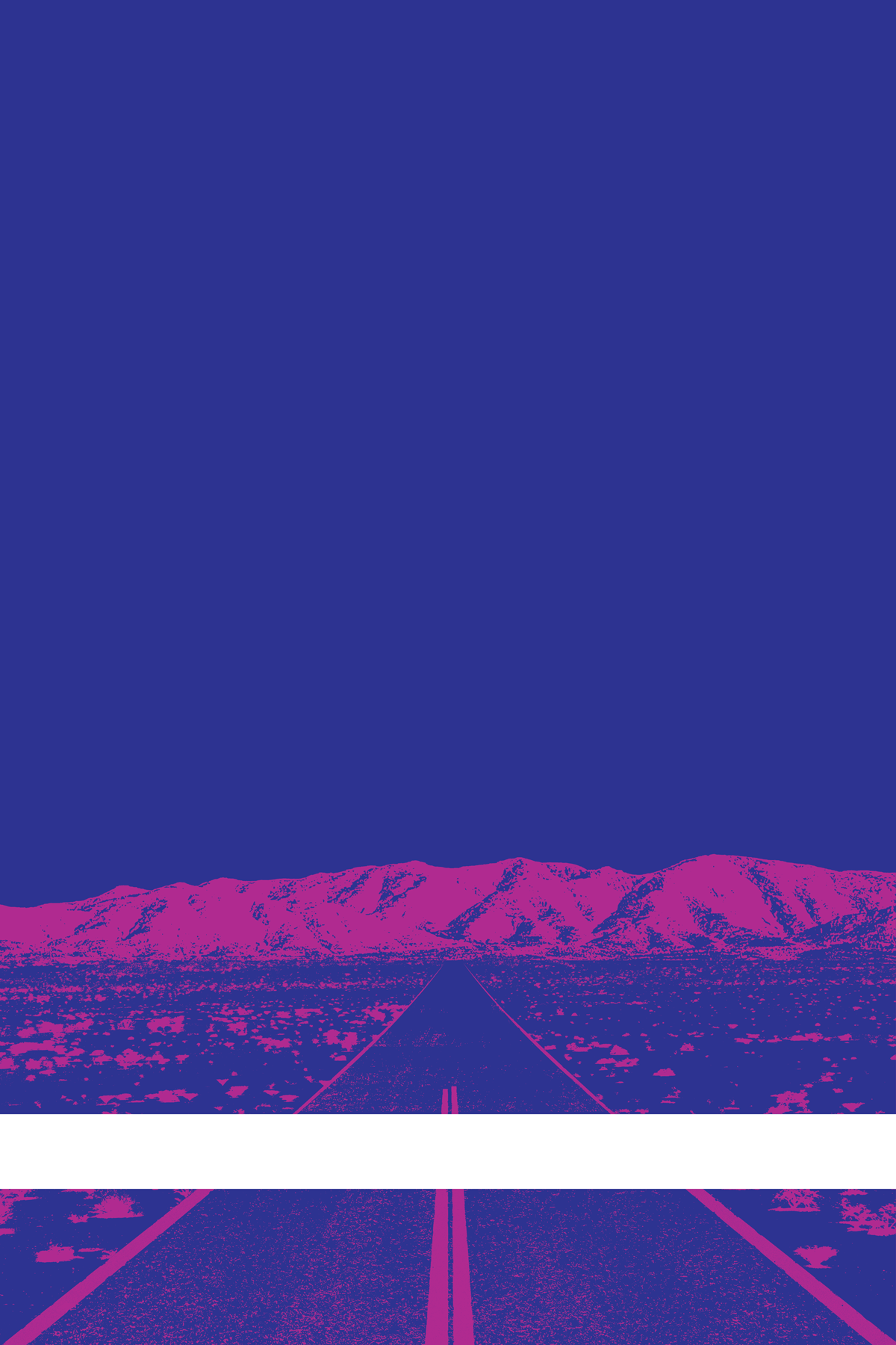 A view of Mercury Valley, Nevada, facing toward the northwest. The composition is rendered in blue and pink. A prominent white line stretches across the composition near the bottom of the view.