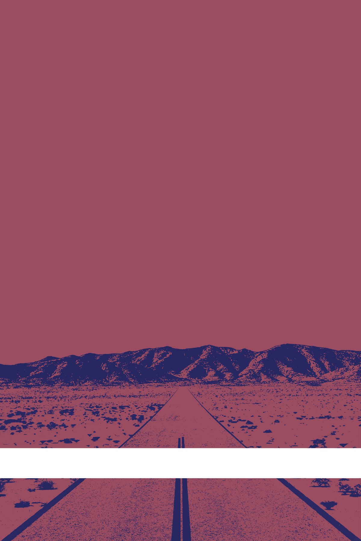 A view of Mercury Valley, Nevada, facing toward the northwest. The composition is rendered in dark grayish red and dark blue. A prominent white line stretches across the composition near the bottom of the view.