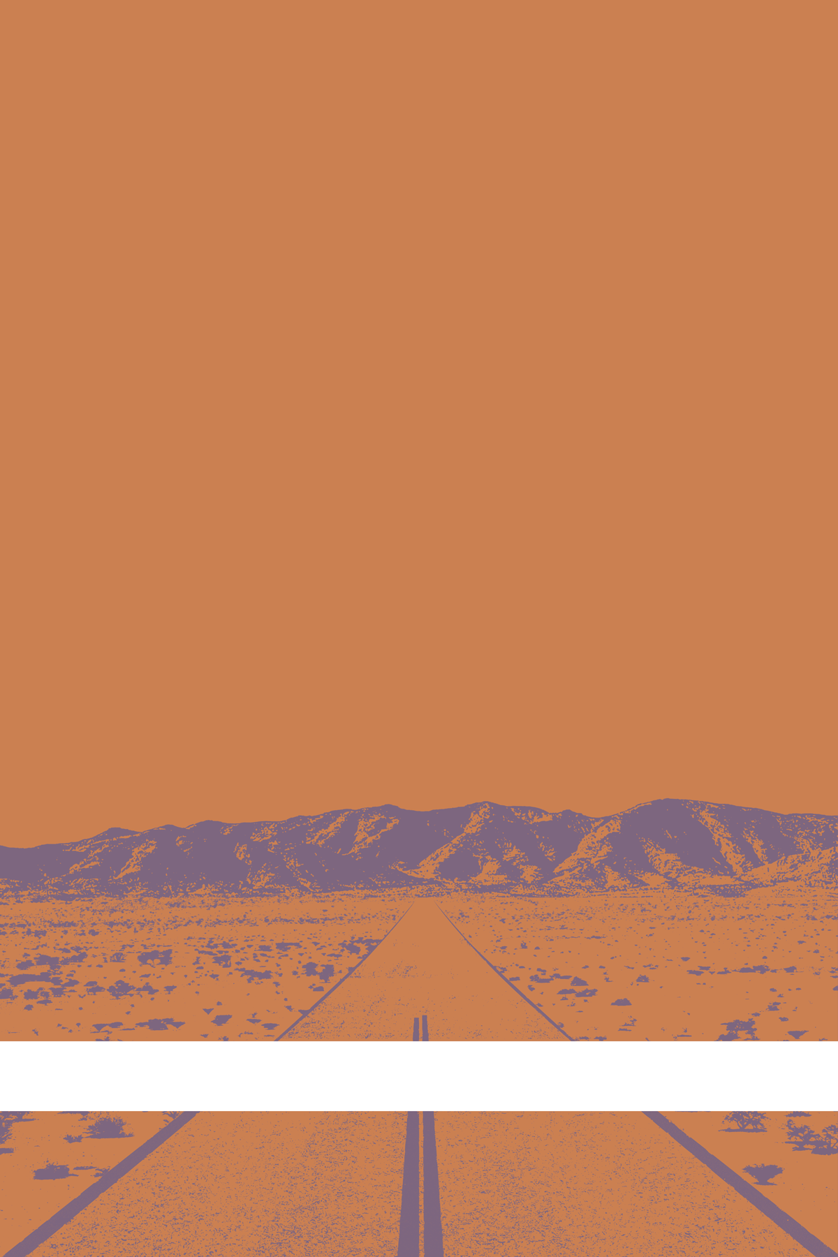 A view of Mercury Valley, Nevada, facing toward the northwest. The composition is rendered in light orange and light purple. A prominent white line stretches across the composition near the bottom of the view.