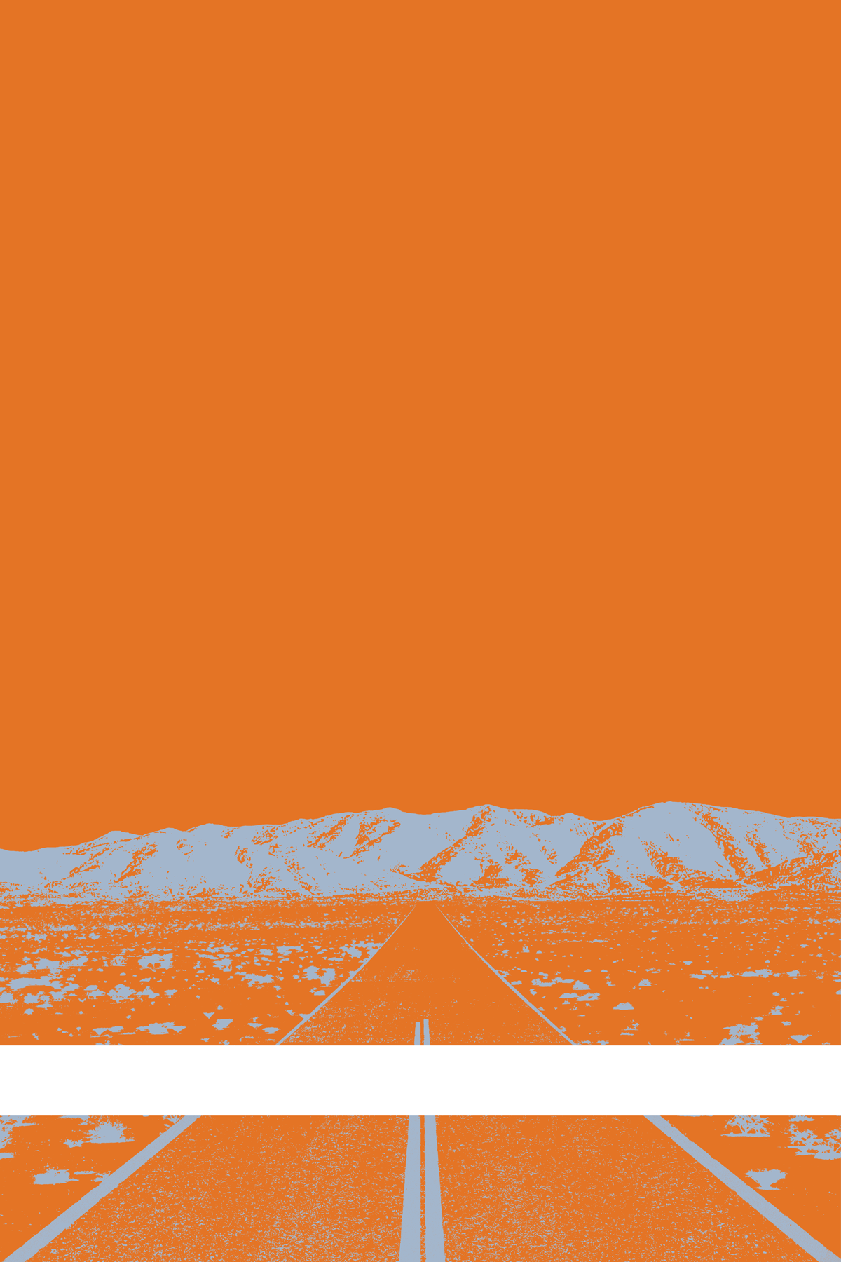 A view of Mercury Valley, Nevada, facing toward the northwest. The composition is rendered in orange and grayish blue. A prominent white line stretches across the composition near the bottom of the view.