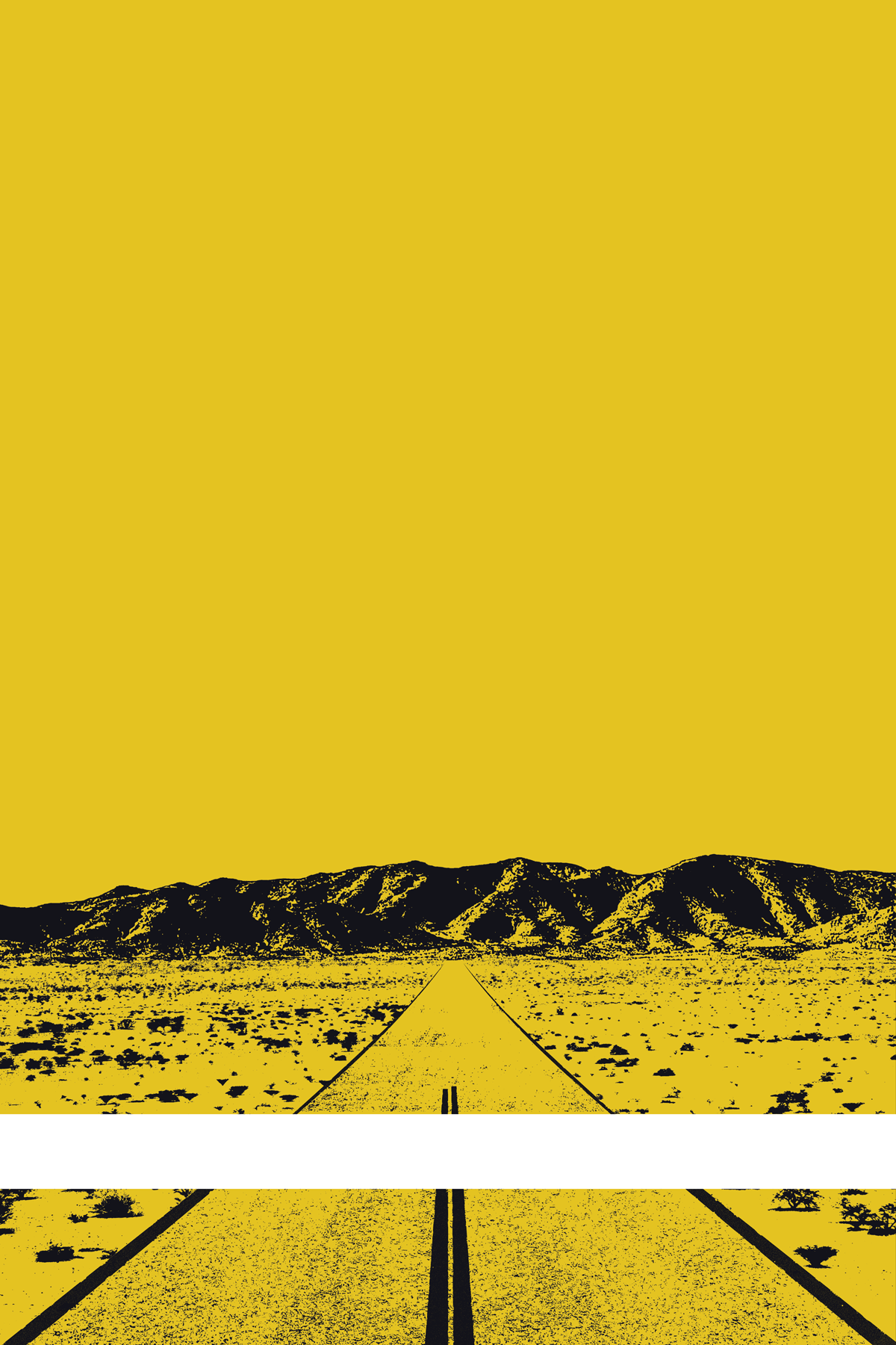 A view of Mercury Valley, Nevada, facing toward the northwest. The composition is rendered in yellow and black. A prominent white line stretches across the composition near the bottom of the view.