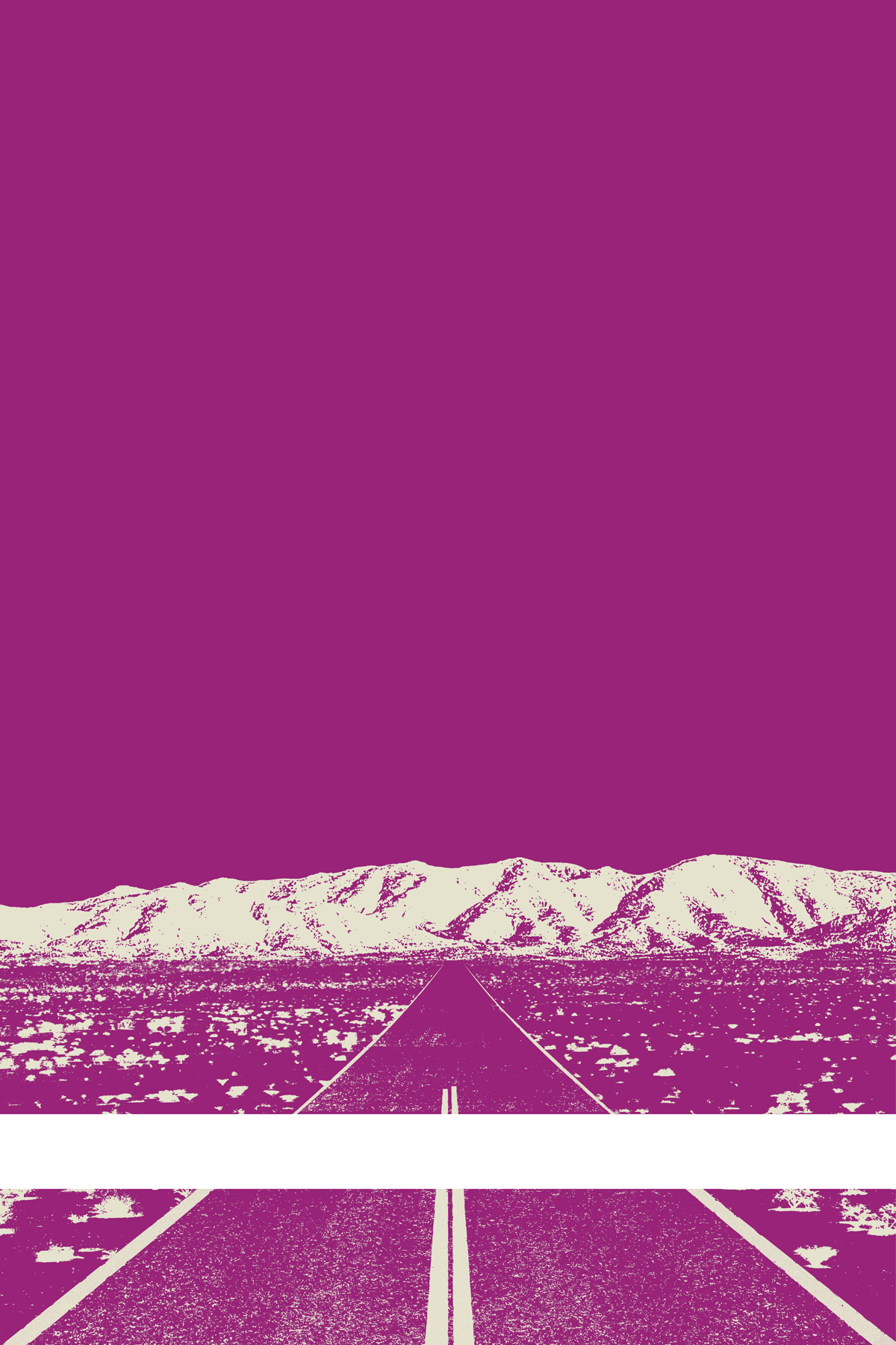 A view of Mercury Valley, Nevada, facing toward the northwest. The composition is rendered in purple and pale grayish yellow. A prominent white line stretches across the composition near the bottom of the view.