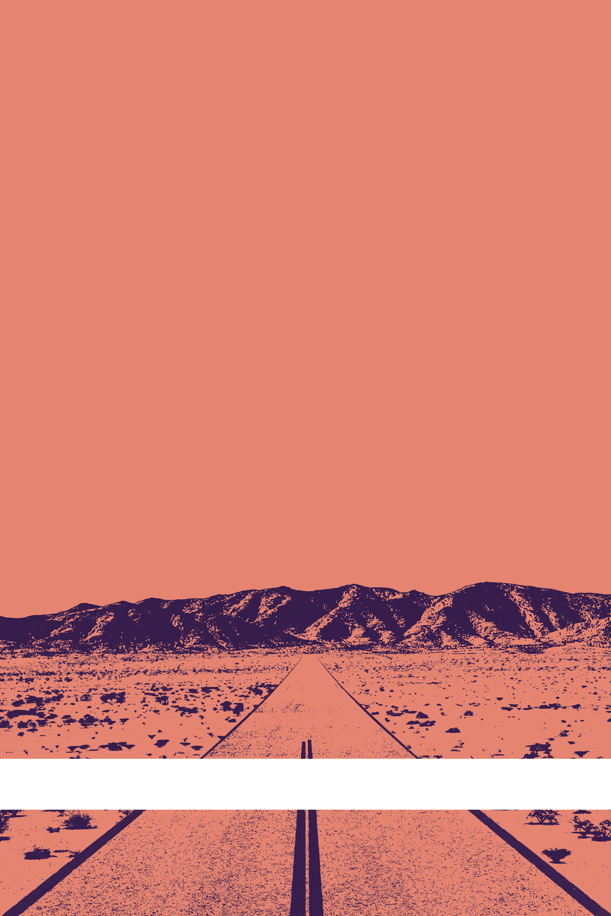 A view of Mercury Valley, Nevada, facing toward the northwest. The composition is rendered in light pink and dark purple. A prominent white line stretches across the composition near the bottom of the view.