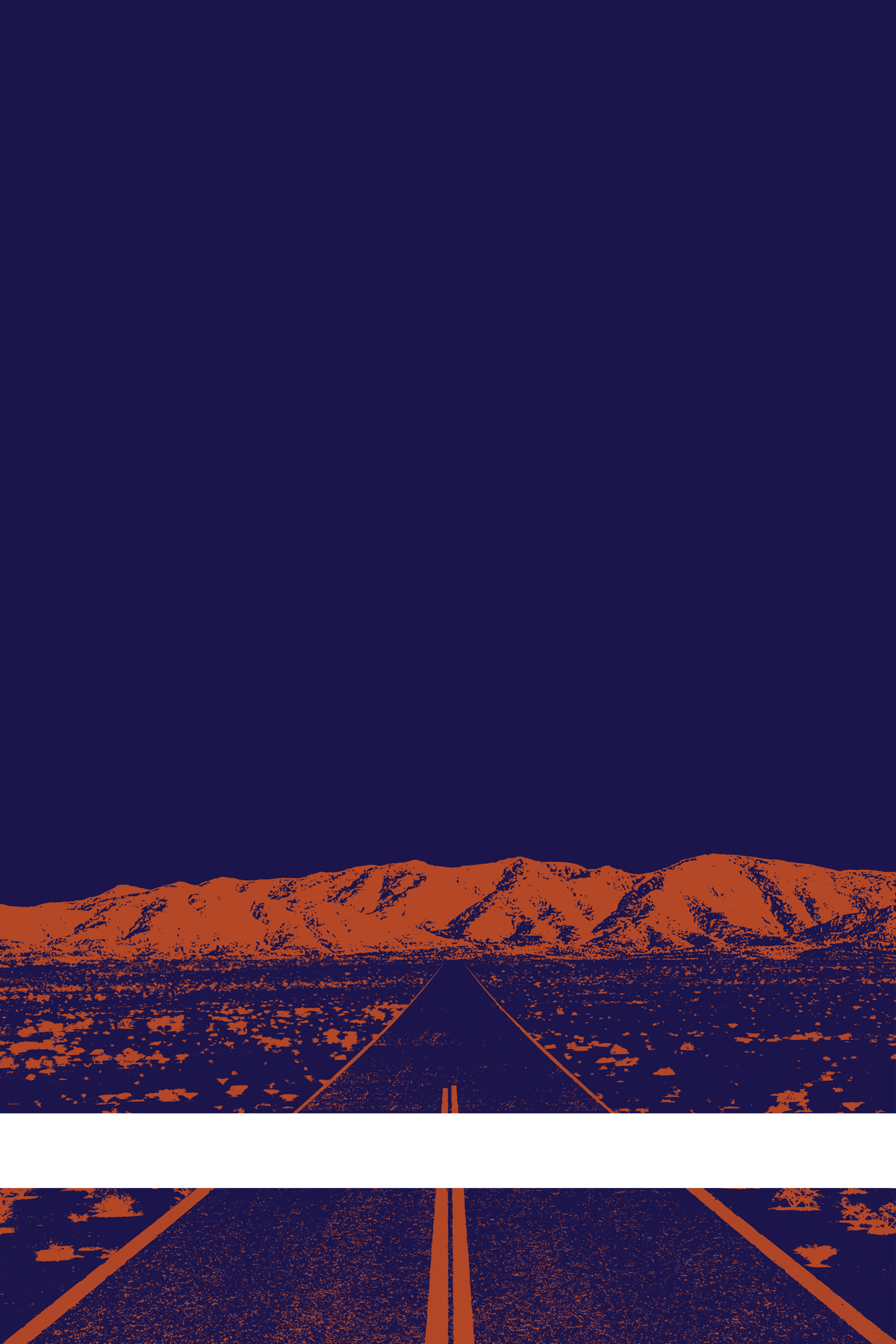 A view of Mercury Valley, Nevada, facing toward the northwest. The composition is rendered in dark blue and orange. A prominent white line stretches across the composition near the bottom of the view.