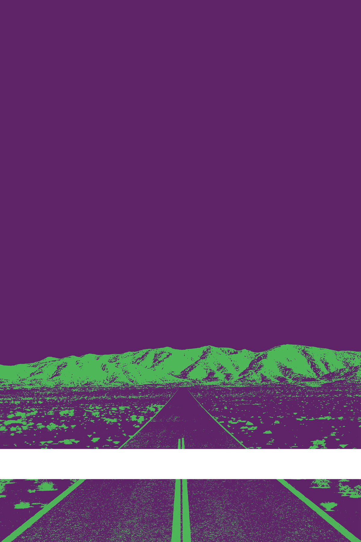 A view of Mercury Valley, Nevada, facing toward the northwest. The composition is rendered in purple and light green. A prominent white line stretches across the composition near the bottom of the view.