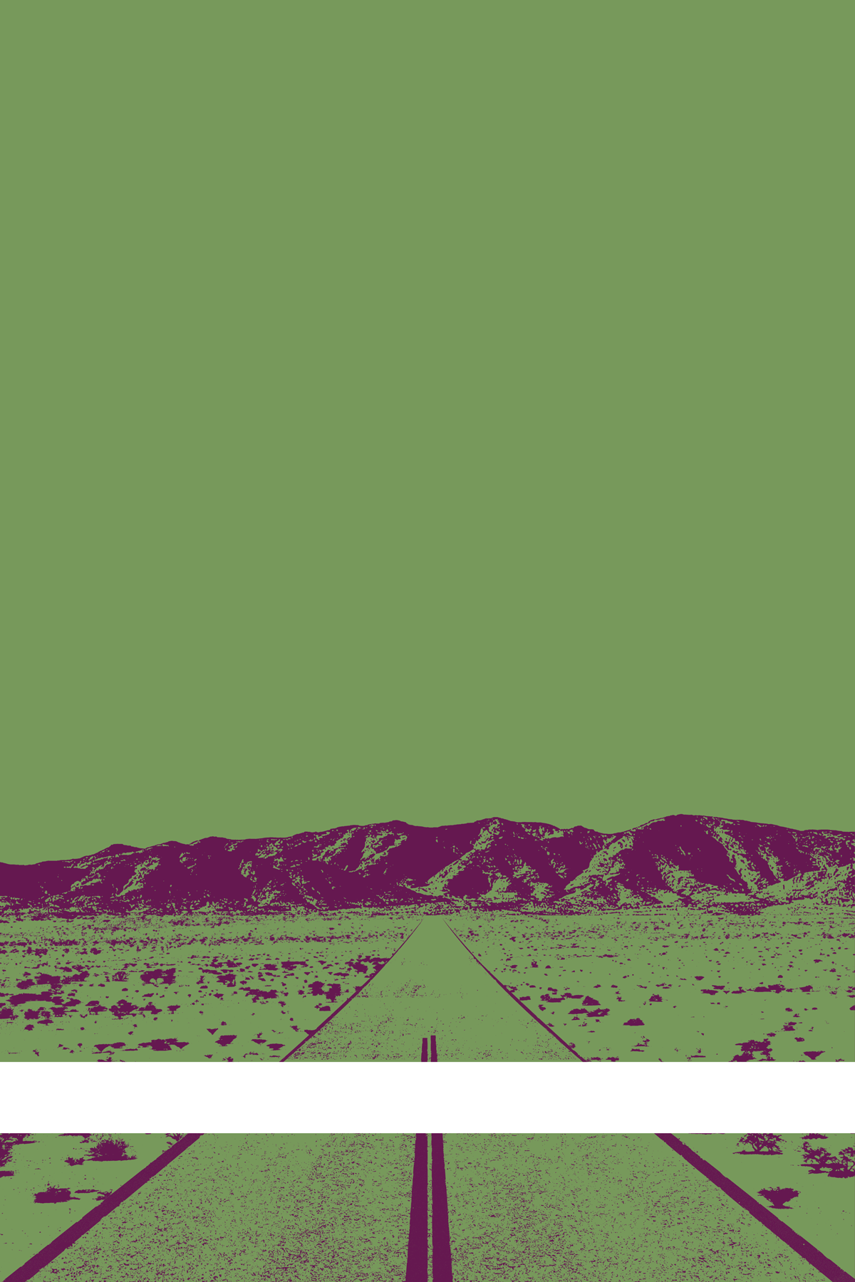 A view of Mercury Valley, Nevada, facing toward the northwest. The composition is rendered in dark green and dark purple. A prominent white line stretches across the composition near the bottom of the view.